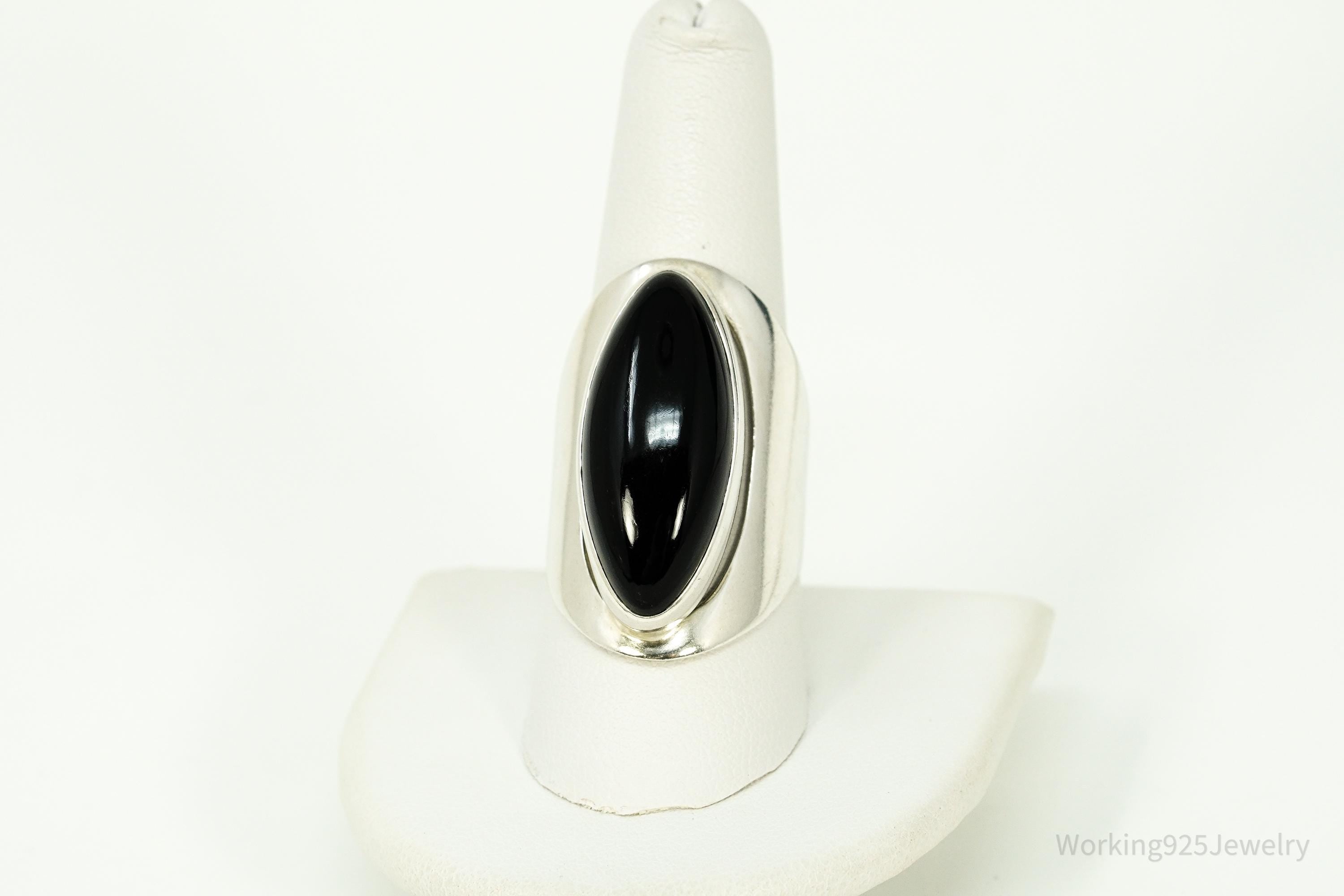 Vintage Black Onyx Modernist Style Sterling Silver Ring - Size 9.25