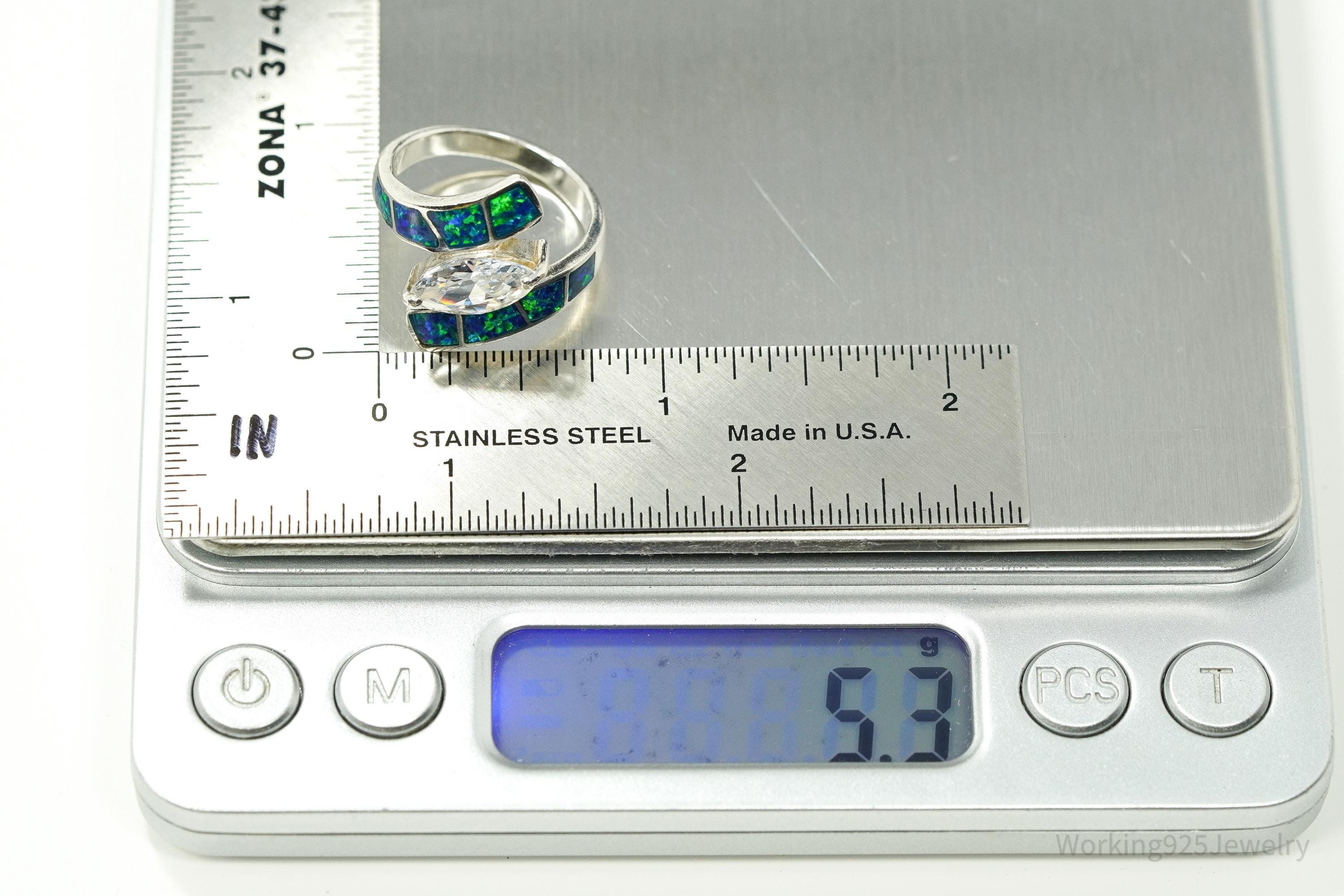 Vintage Cubic Zirconia & Opal Inlay Sterling Silver Ring - Size 8