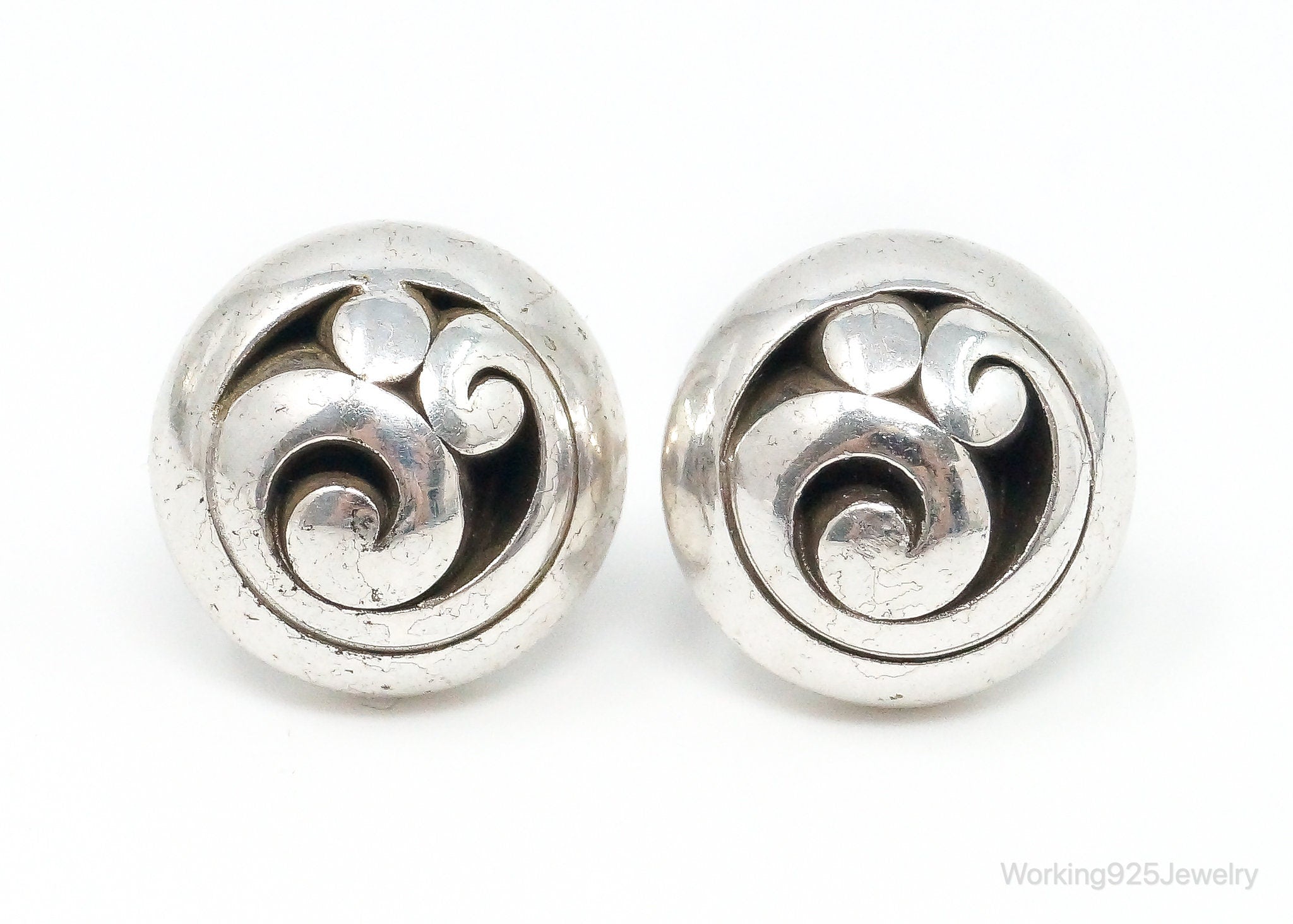 Vintage Scroll Swirl Shadow Sterling Silver Stud Earrings