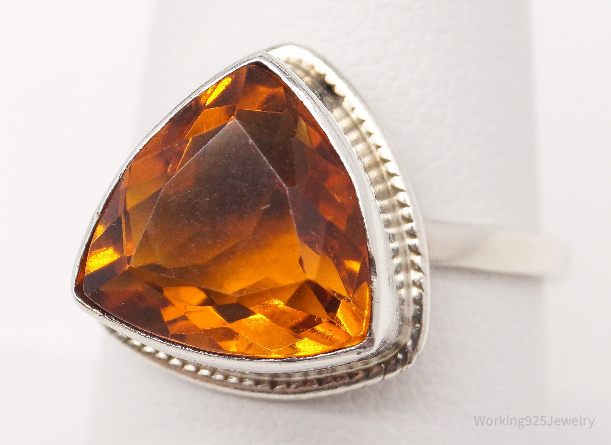 Vintage Large Orange Gemstone Sterling Silver Ring - Size 8.25