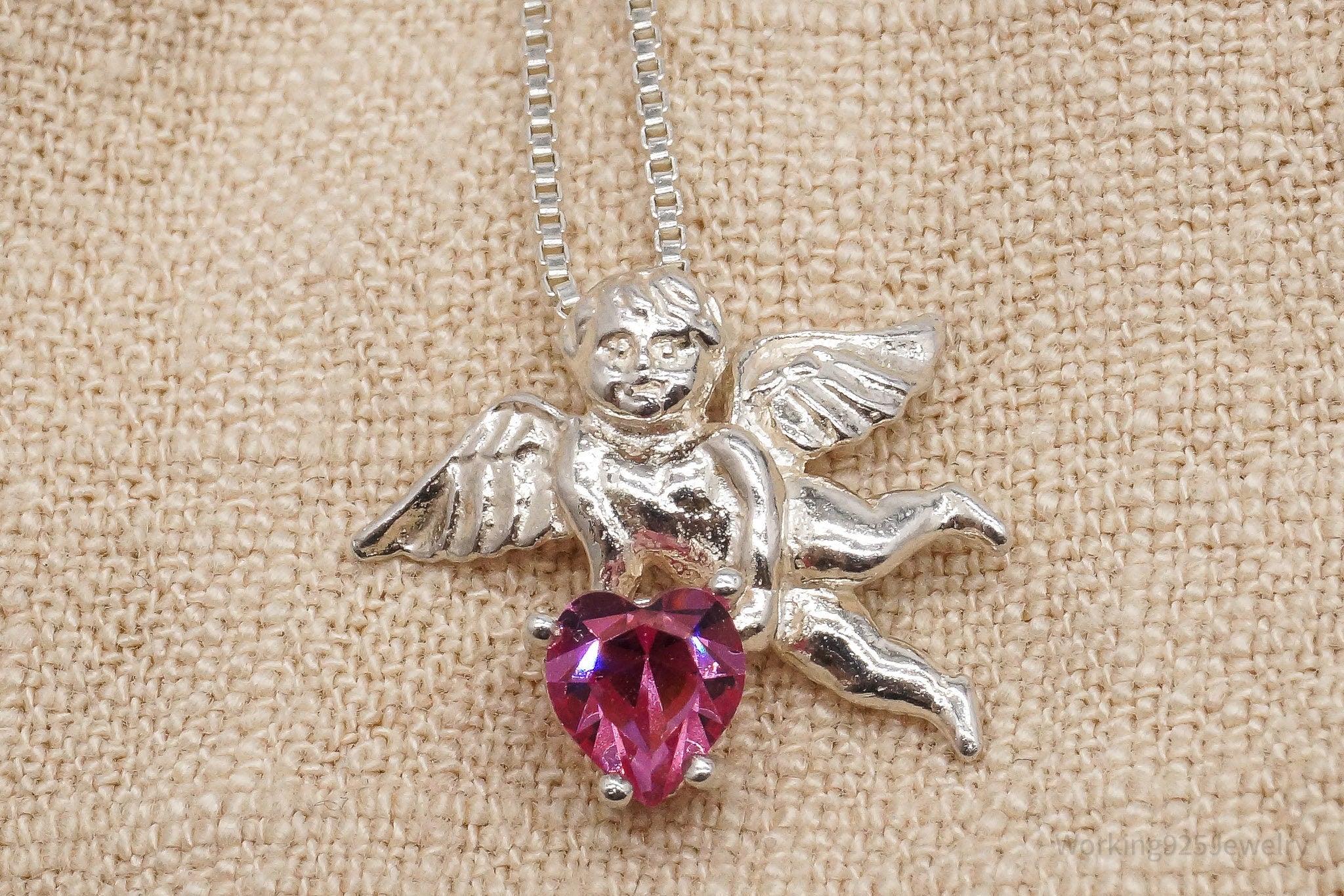 Vintage Angel Cherub Pink Gemstone Sterling Silver Necklace 18"