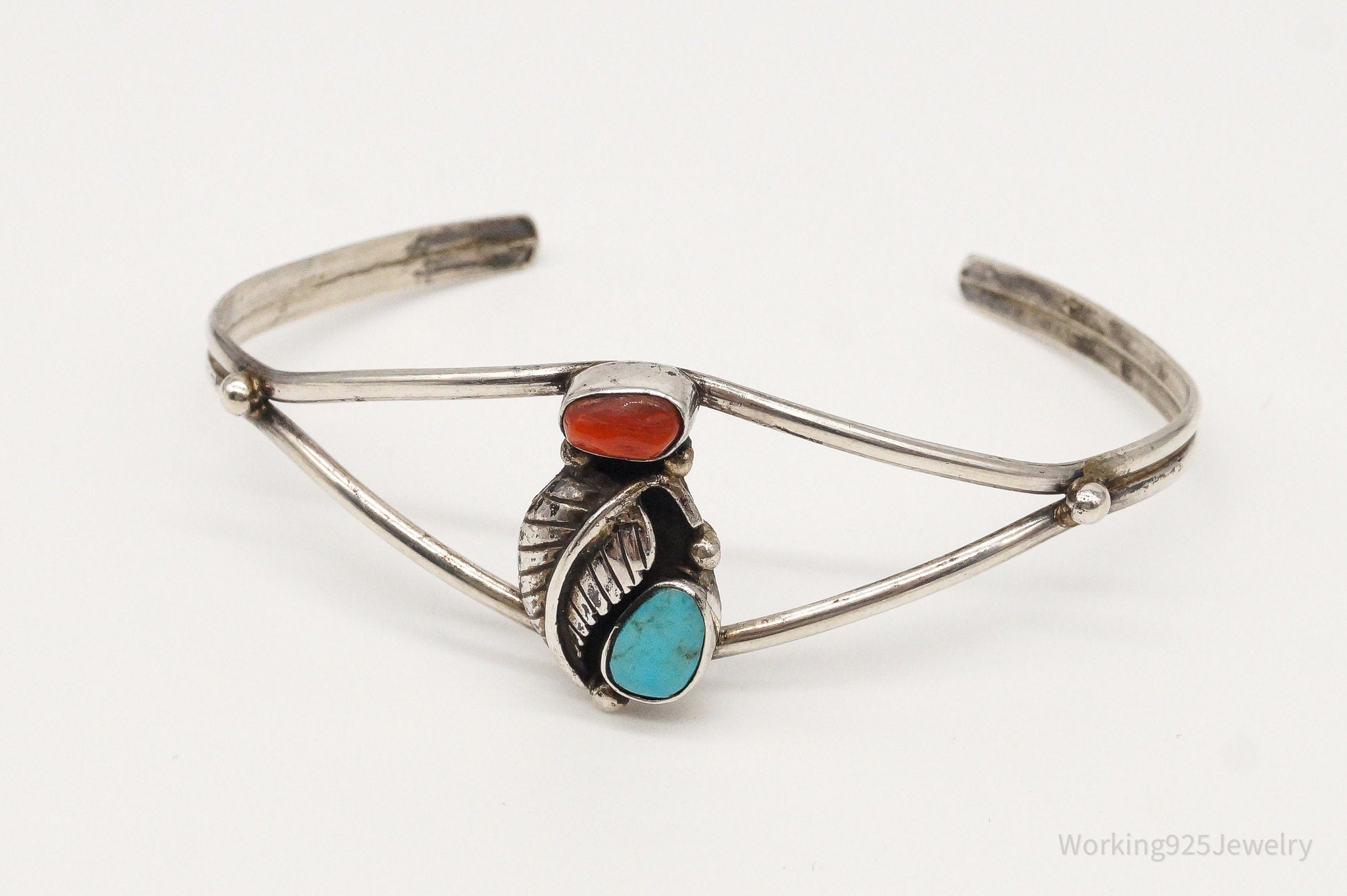 Vintage Native American Handmade Unsigned Turquoise Coral Silver Bracelet