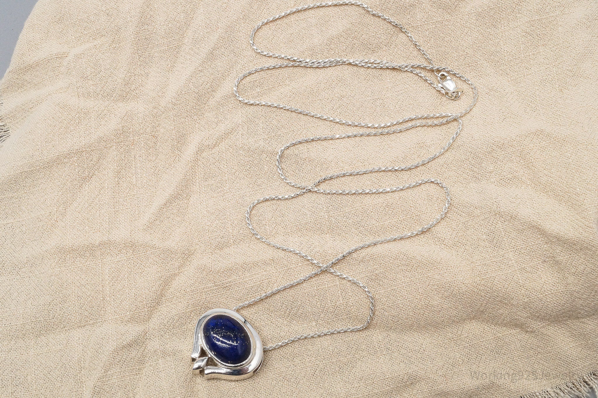 Vintage Large Lapis Lazuli Sterling Silver Necklace 32"