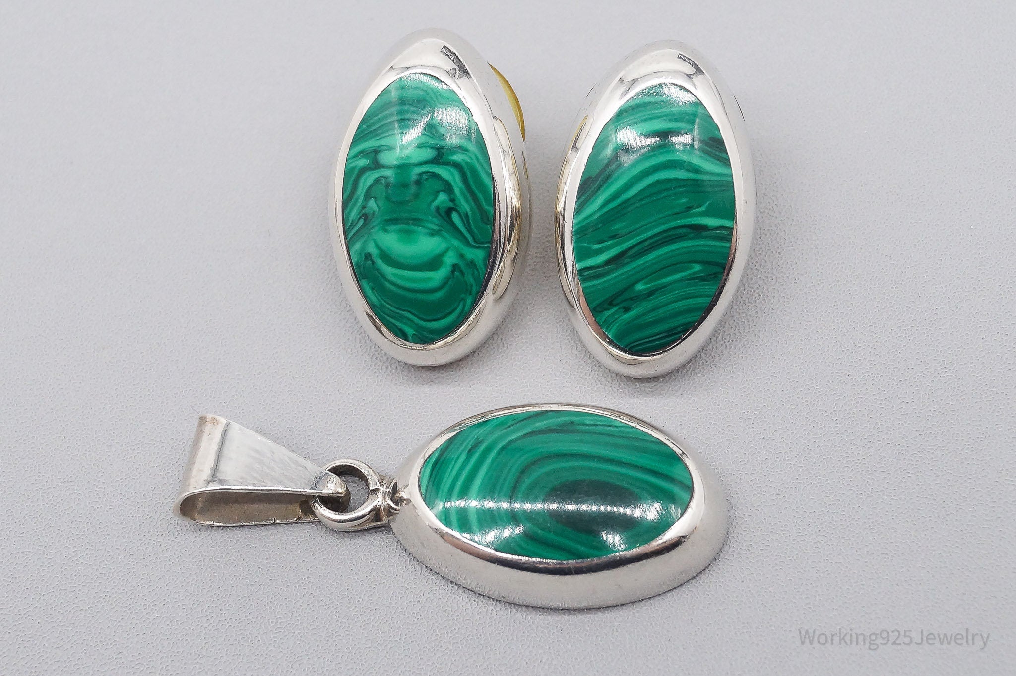 Vintage Taxco Mexico Malachite Sterling Silver Earrings & Pendant Set