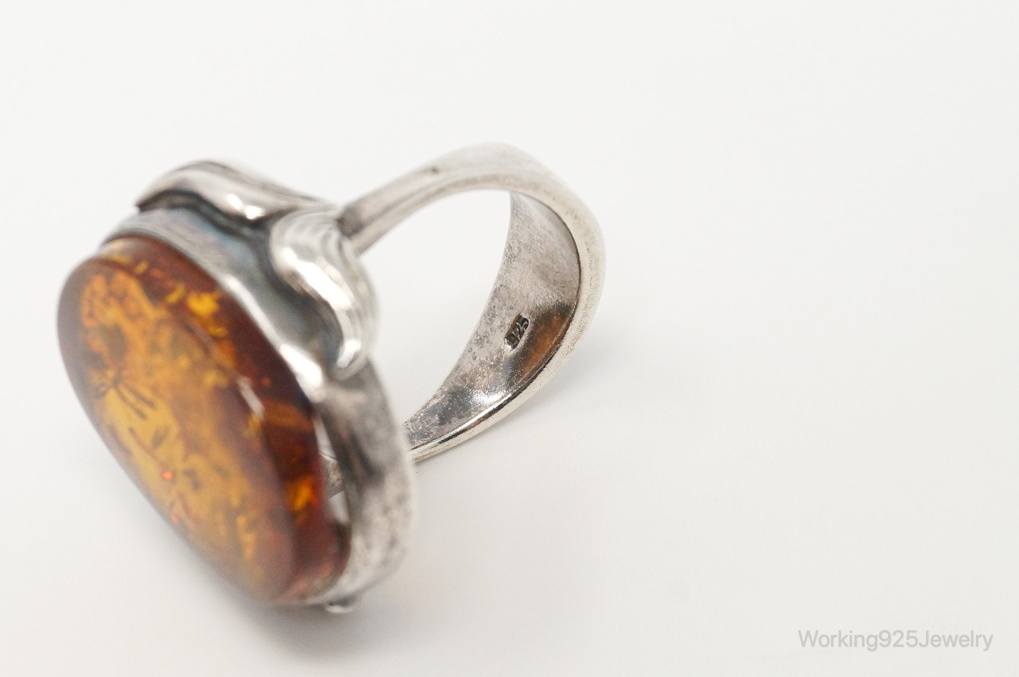 Vintage Large Honey Baltic Amber Sterling Silver Ring Size 7.5