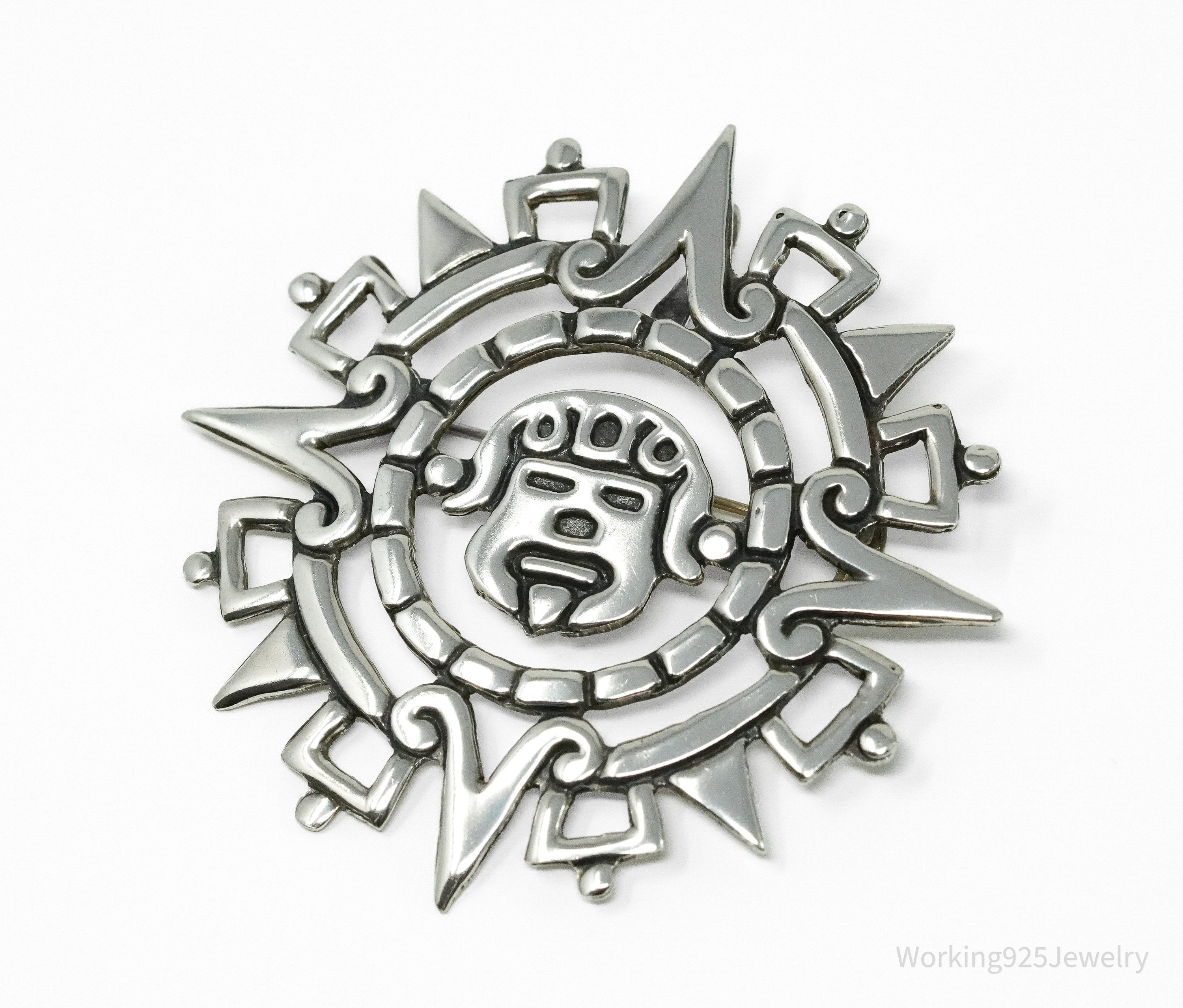 Large Vintage Mexico Aztec Mayan Sterling Silver Brooch Pin Pendant