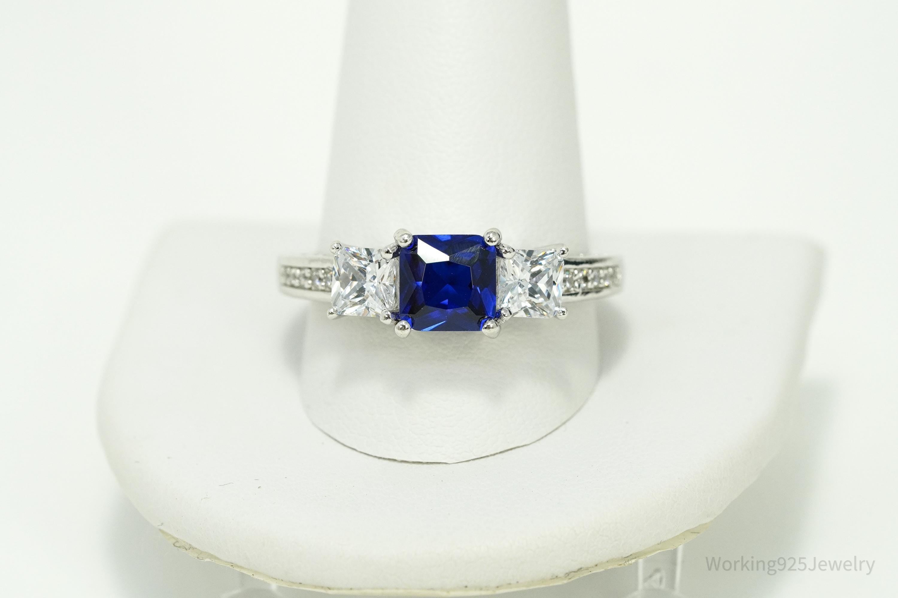 Vintage Lab Sapphire & Cubic Zirconia Sterling Silver Ring - Size 12.25
