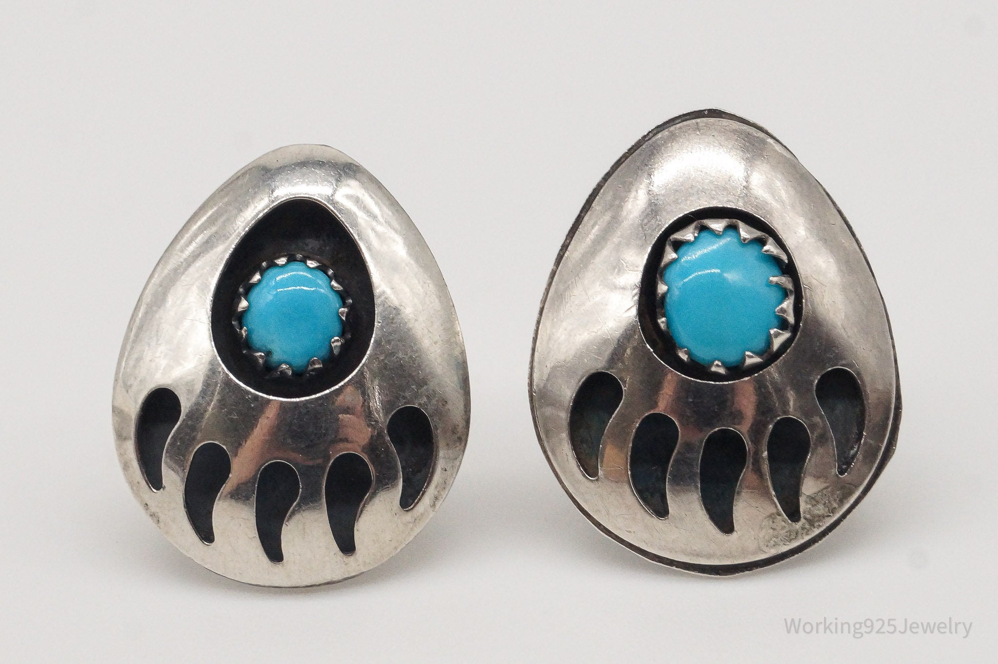 Vintage Native American Turquoise Bear Paw Print Sterling Silver Earrings