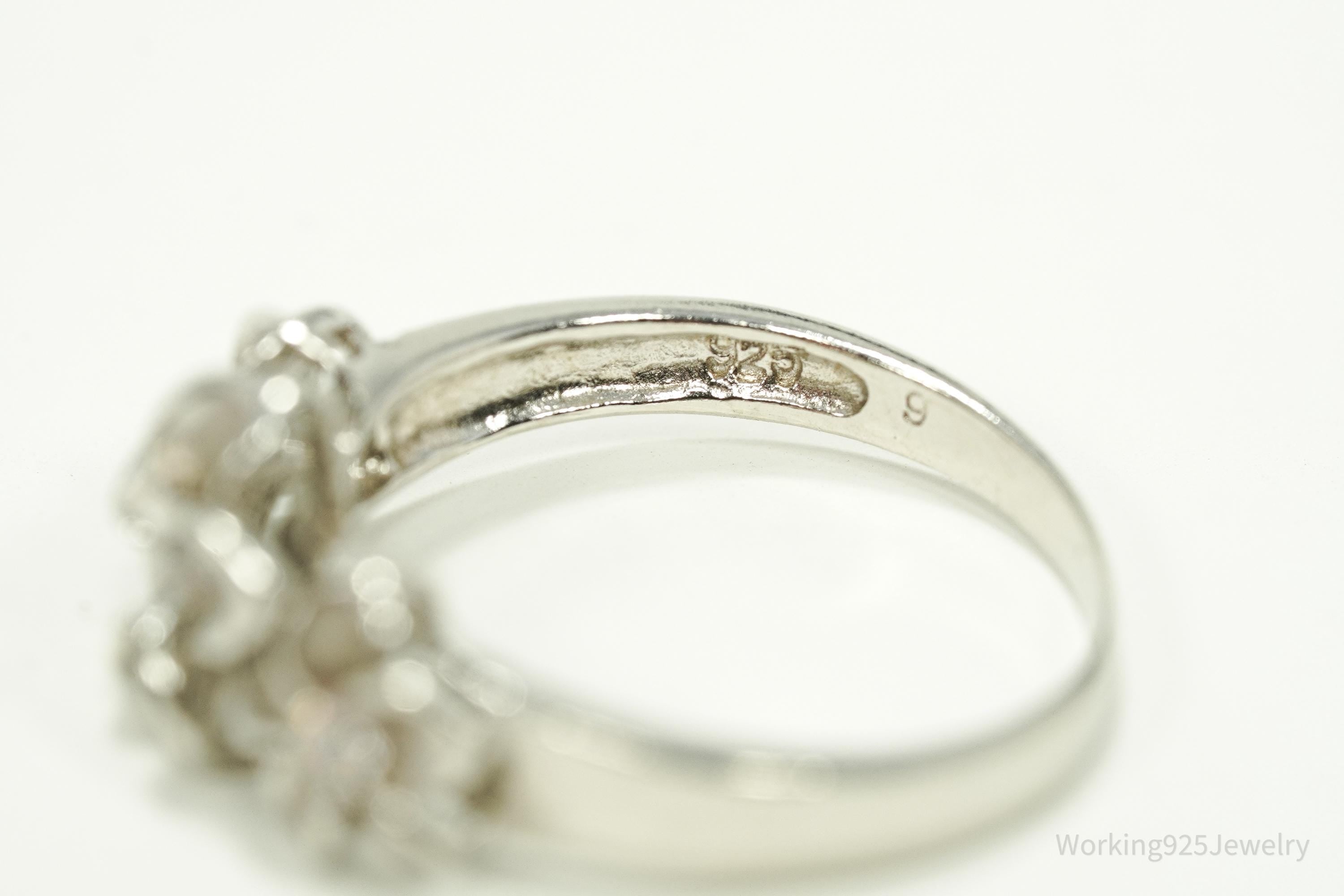 Vintage Cubic Zirconia Flowers Sterling Silver Ring - Size 6.75