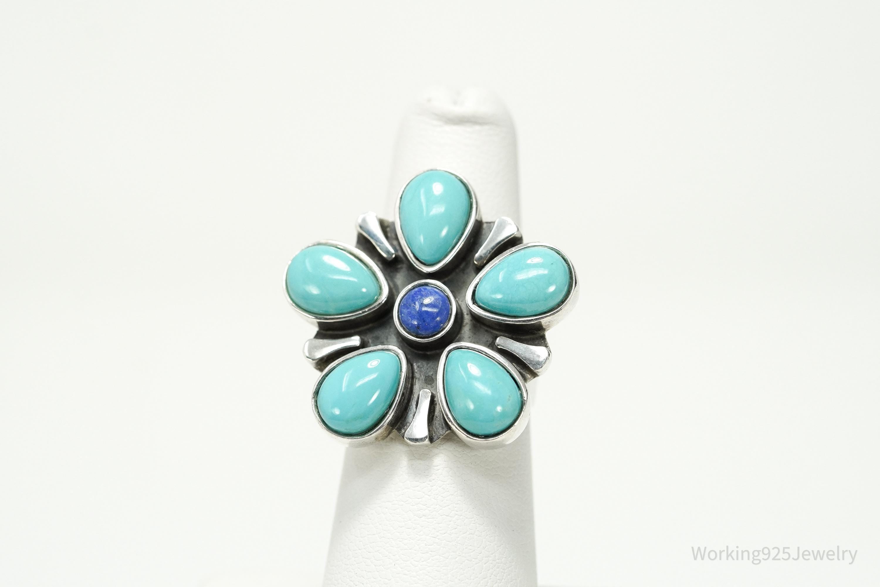 Vintage Desert Rose Turquoise & Lapis Lazuli Flower Sterling Silver Ring Size 6