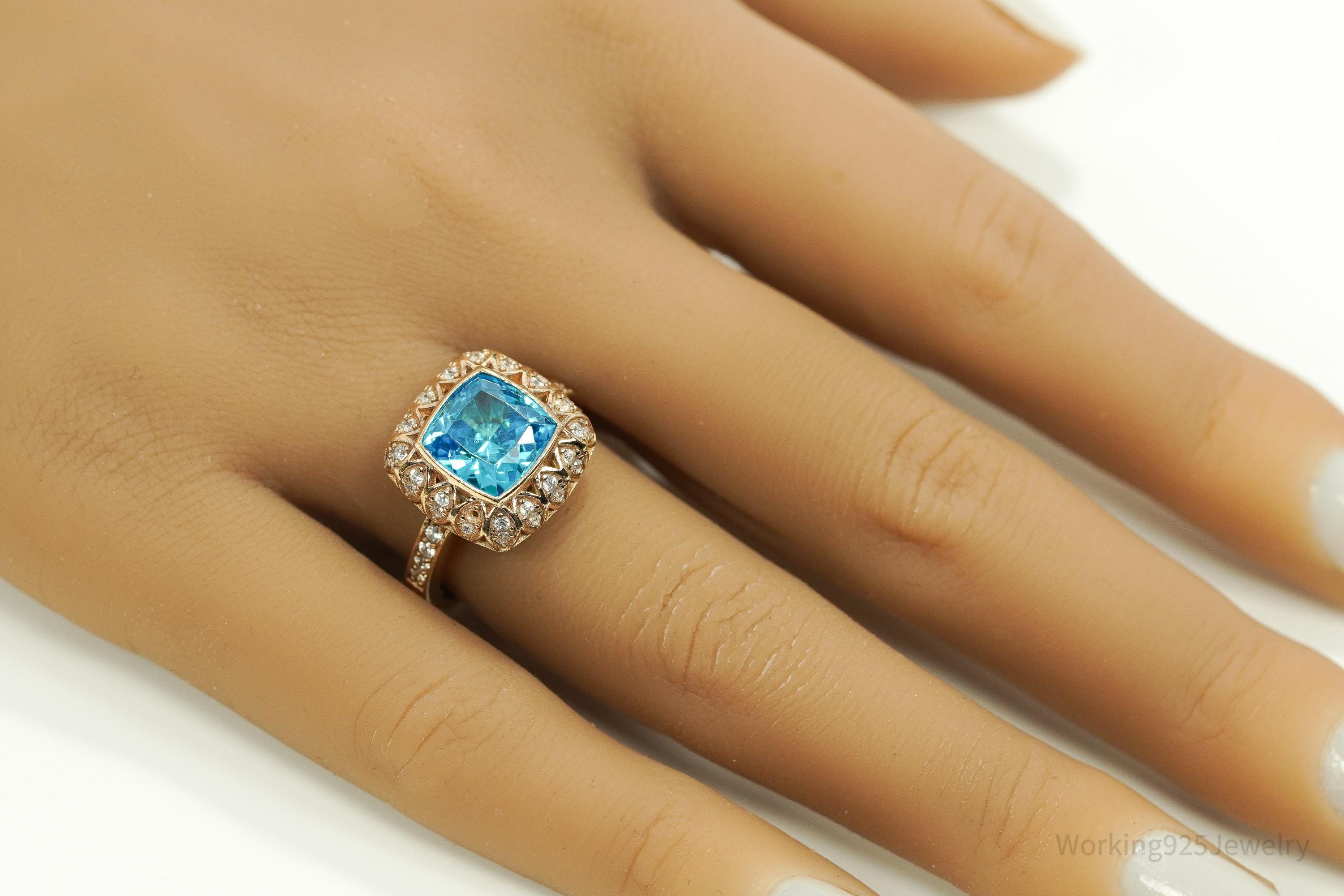 Vintage Blue Tourmaline & Cubic Zirconia Gold Vermeil Sterling Silver Ring - Size 7.25