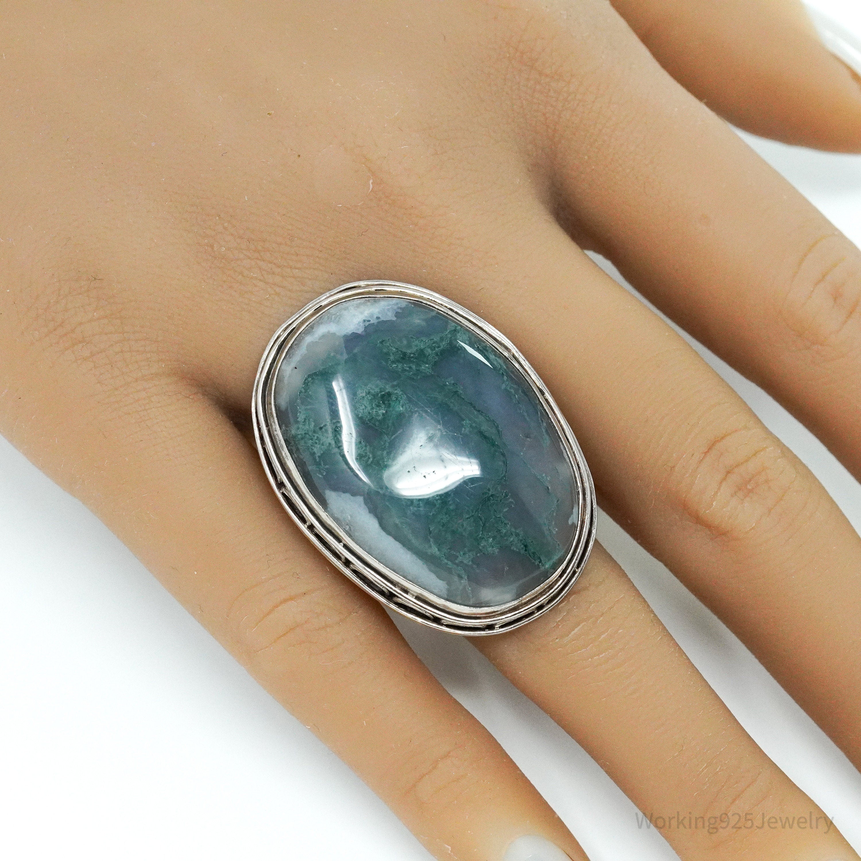 Vintage Large Moss Agate Sterling Silver Ring - Size 7.5