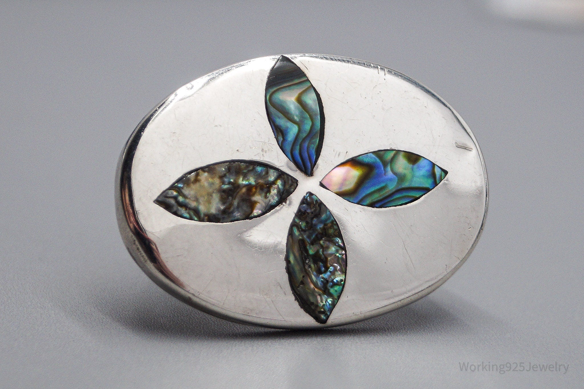 Large Vintage Mexican Paua Abalone Shell Sterling Silver Brooch Pin Pendant