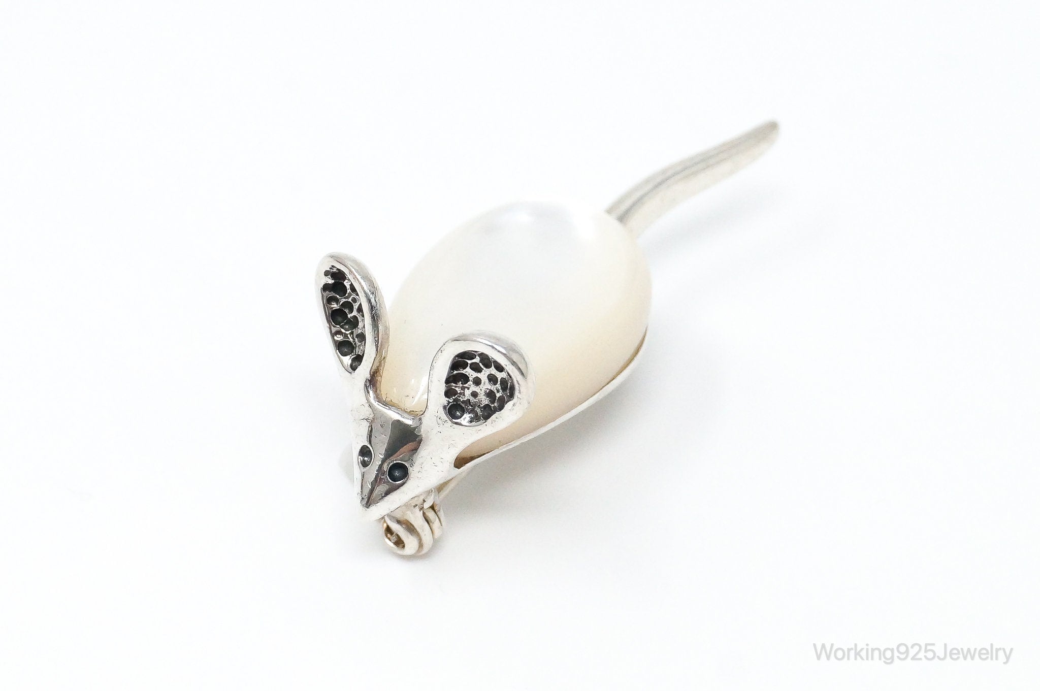 Vintage Mother Of Pearl Mouse Sterling Silver Brooch Pin