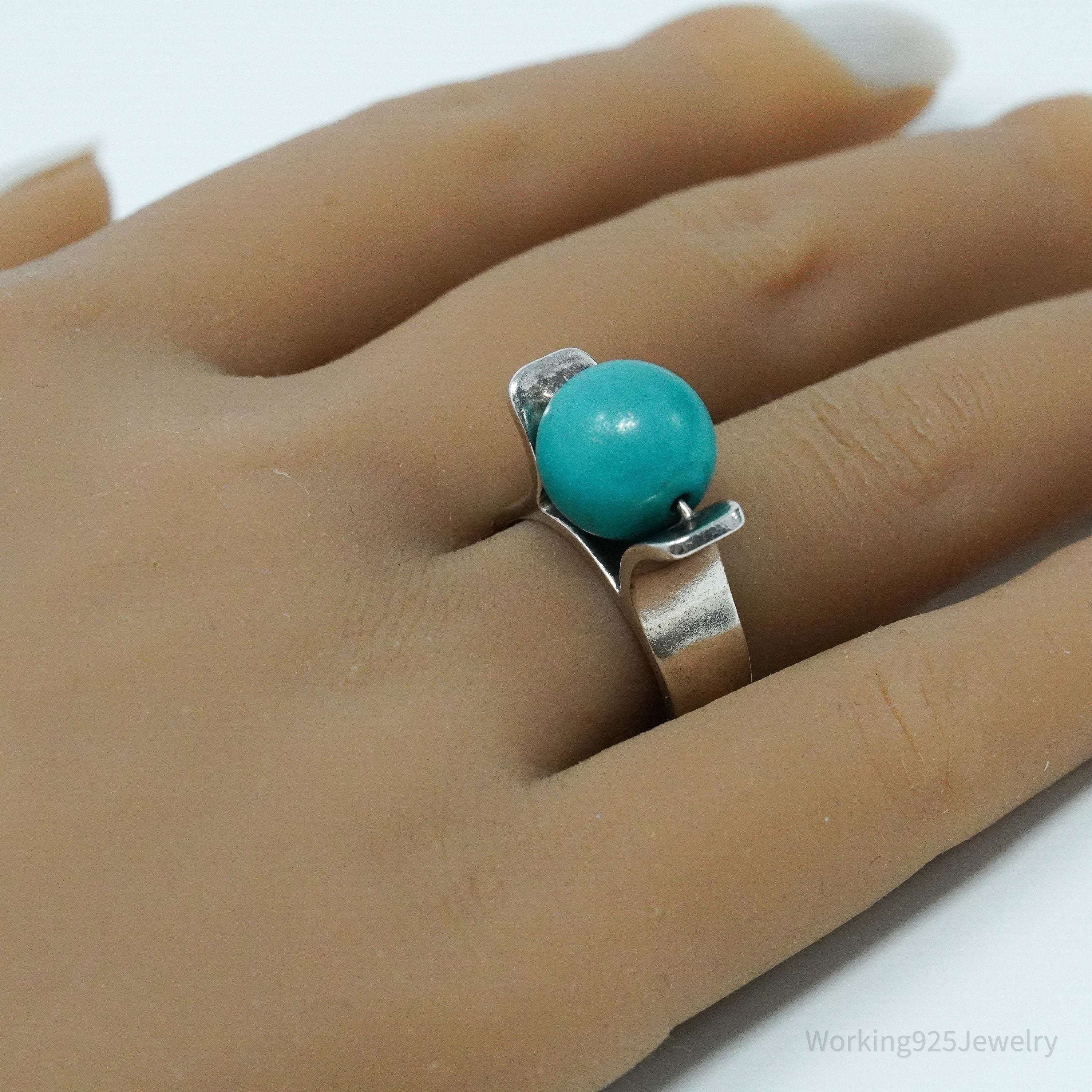 Vintage Spinning Turquoise Ball Modernist Sterling Silver Ring - Size 8