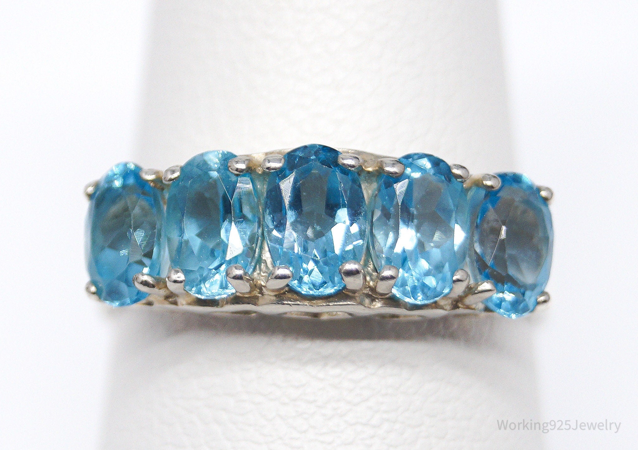 Vintage CNA Blue Topaz Hearts Pattern Sterling Silver Ring - Size 8