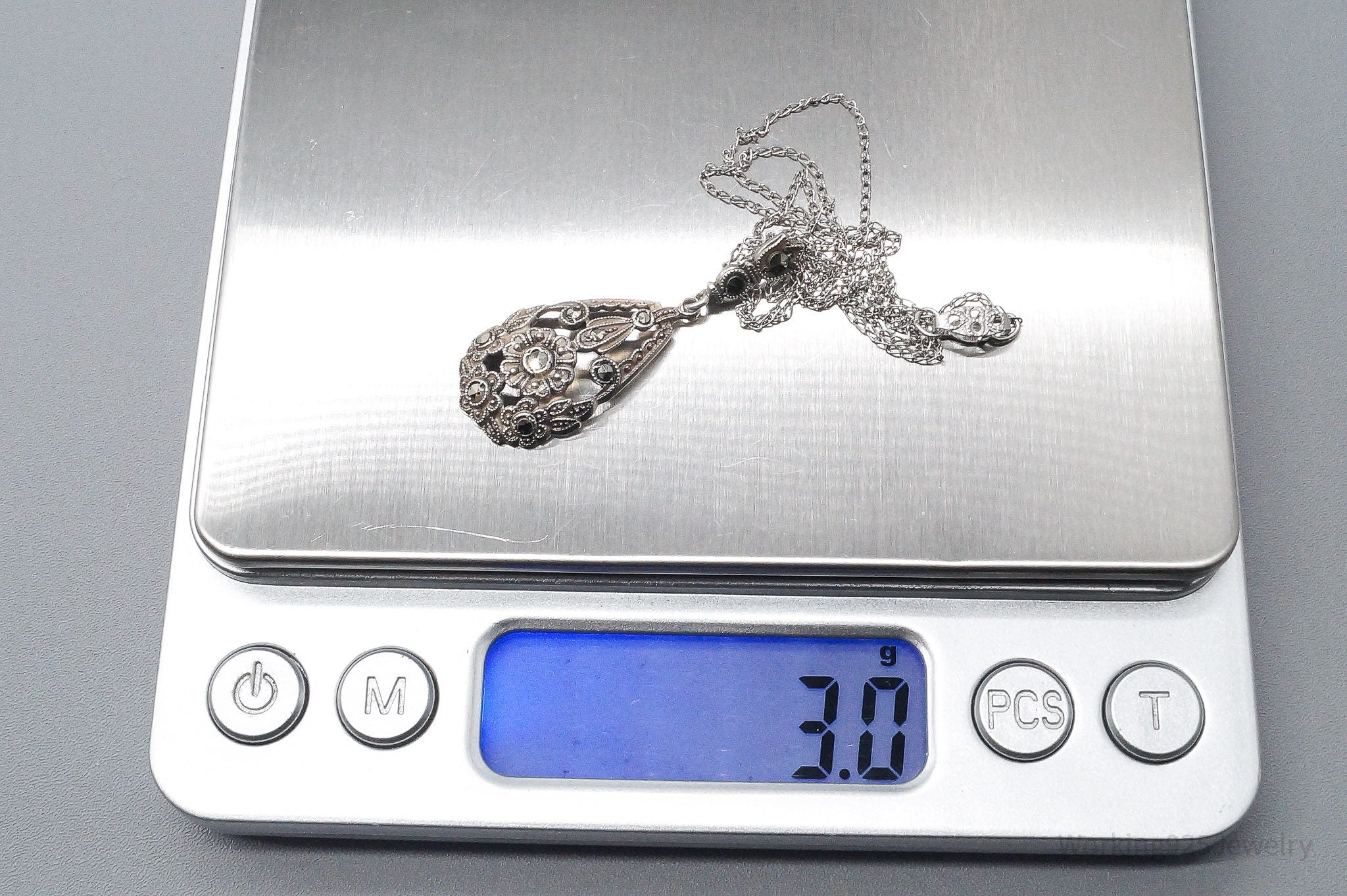 Antique German Lavaliere Floral Marcasite Sterling Silver Necklace 17"