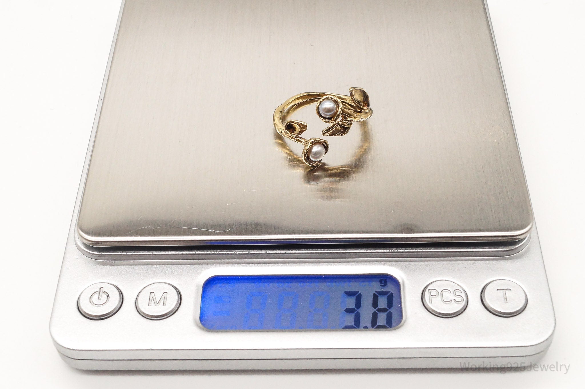 Vintage Israel Pearl Flowers Gold Vermeil Sterling Silver Ring - SZ 8.5 Adj