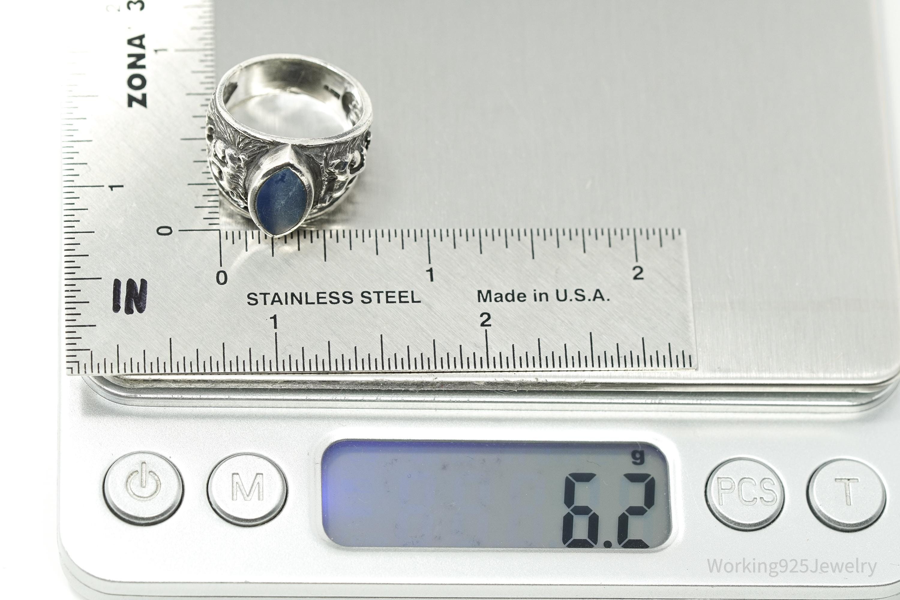 Vintage Blue Lapis Lazuli Lion Head Sterling Silver Ring - Size 6.5