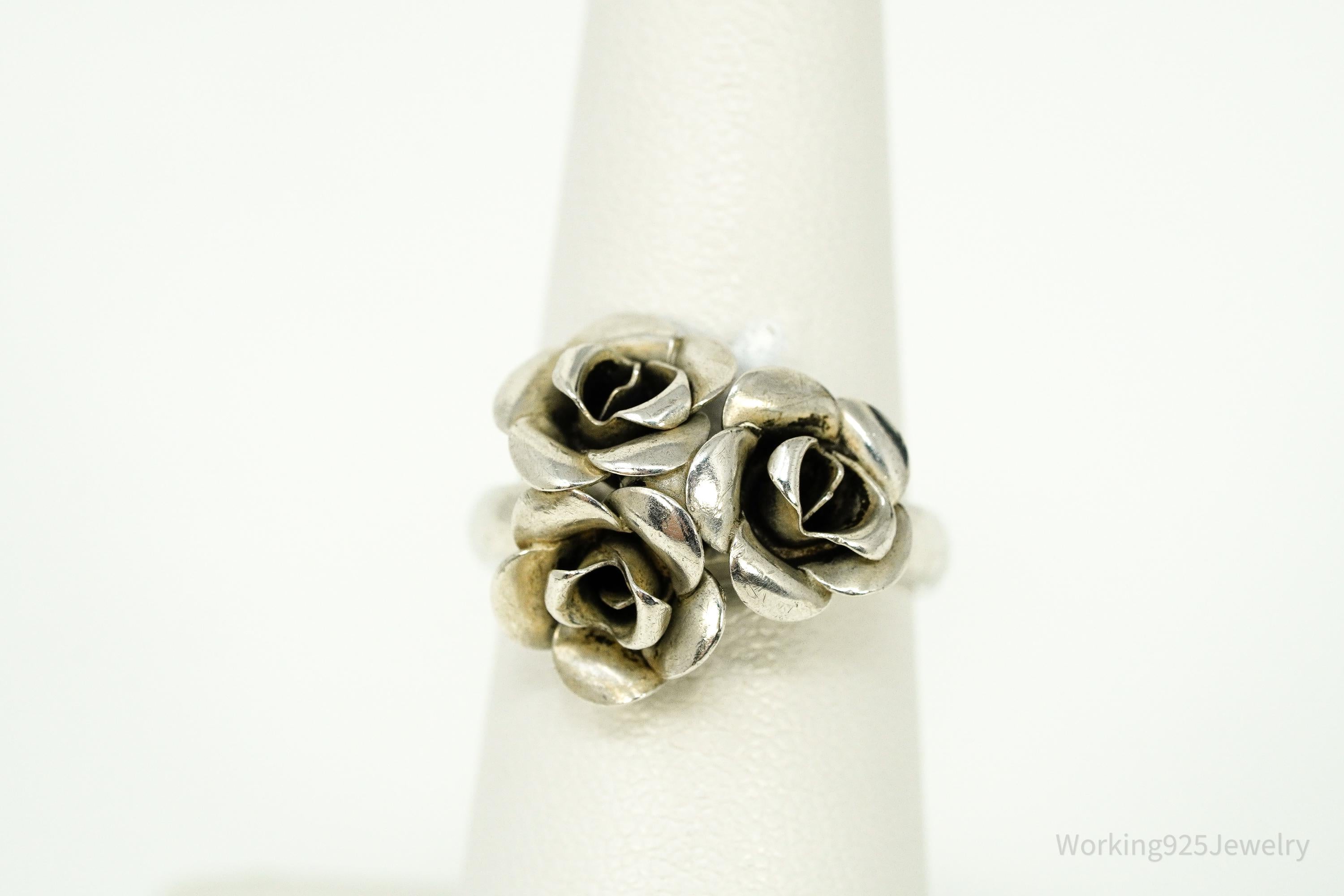 Vintage BEAU Flower Bouquet Adjustable Sterling Silver Ring - Size 6.75