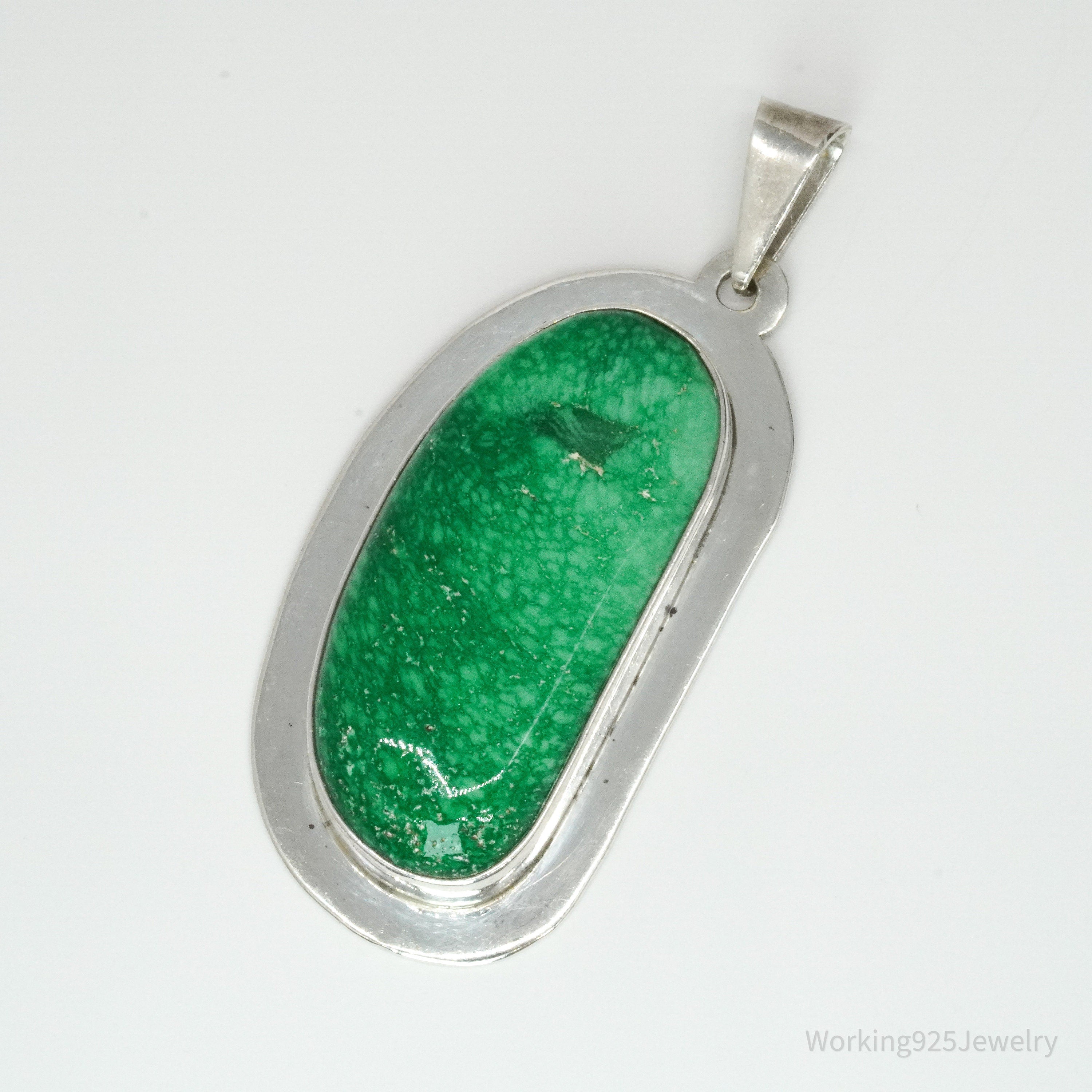 Vintage Large Mexico Modernist AIS Green Stone Sterling Silver Pendant 2 5/16"