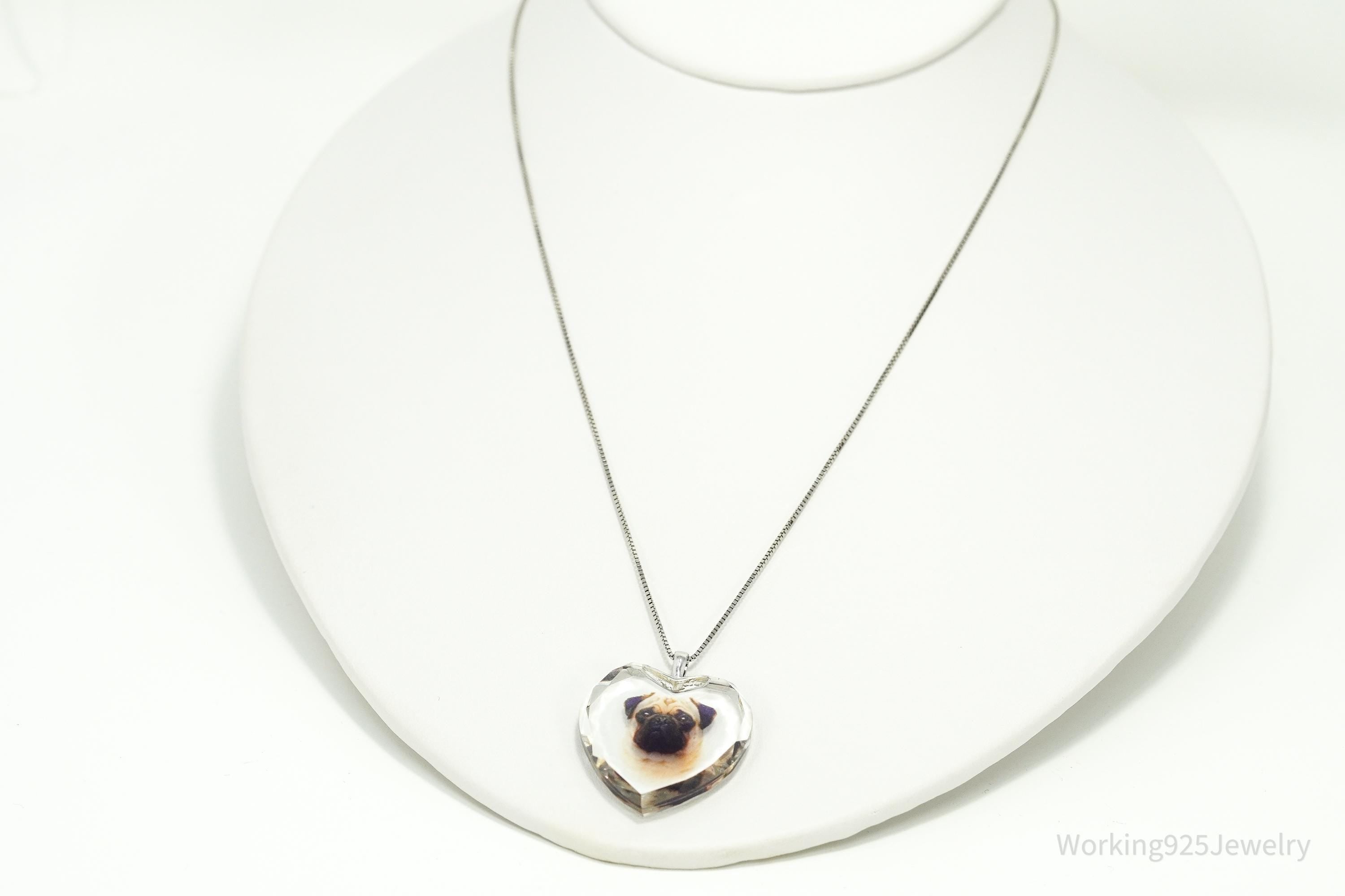 Vintage Bradford Exchange Pug Face Heart Sterling Silver Chain Necklace - 18"