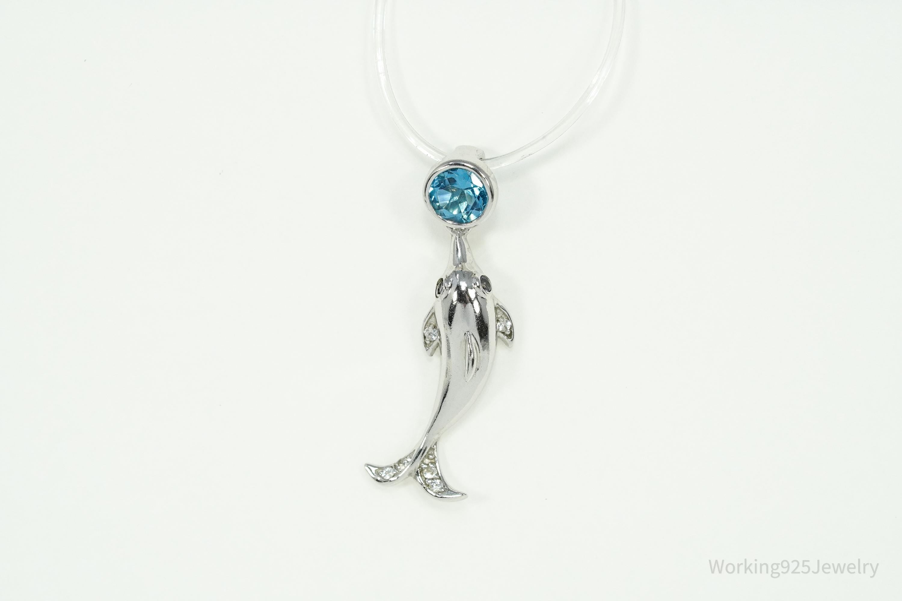 Vintage Blue Topaz Dolphin Sterling Silver Necklace Pendant 1 1/8"