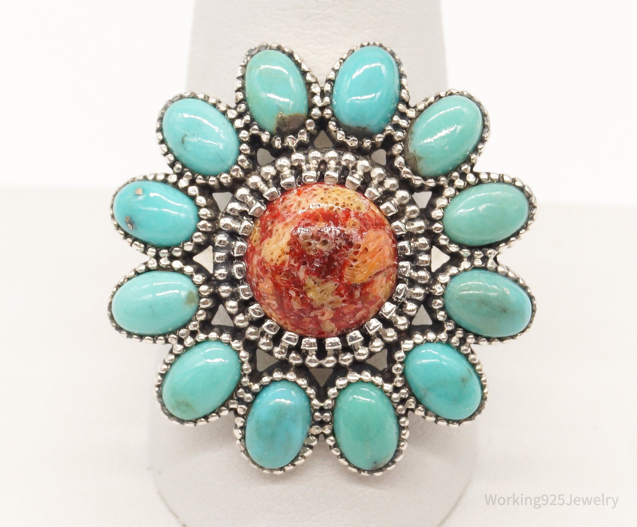 Vintage Turquoise Coral Sterling Silver Ring - Size 9.75