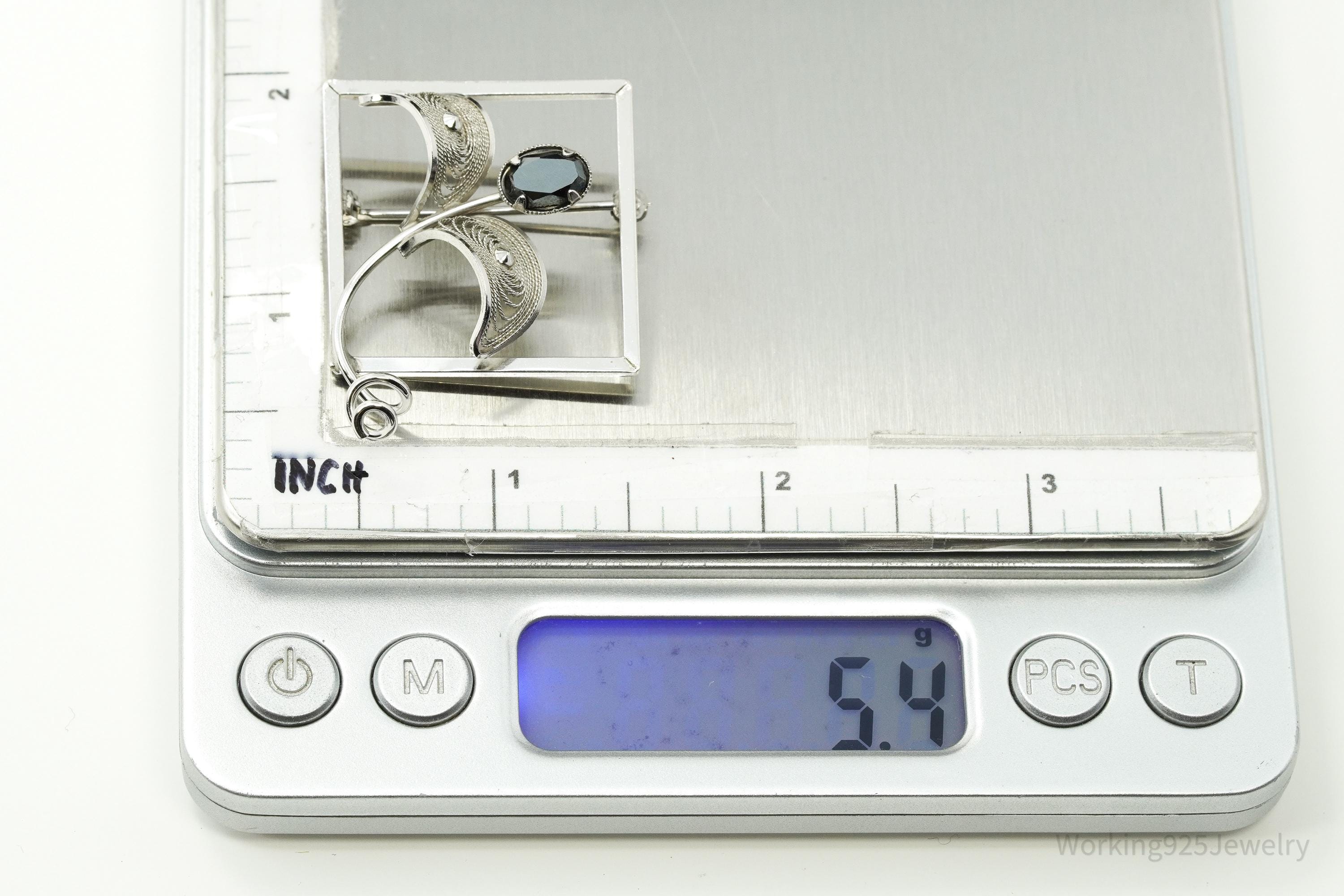 Vintage Designer CR Co Hematite Filigree Sterling Silver Brooch Pin