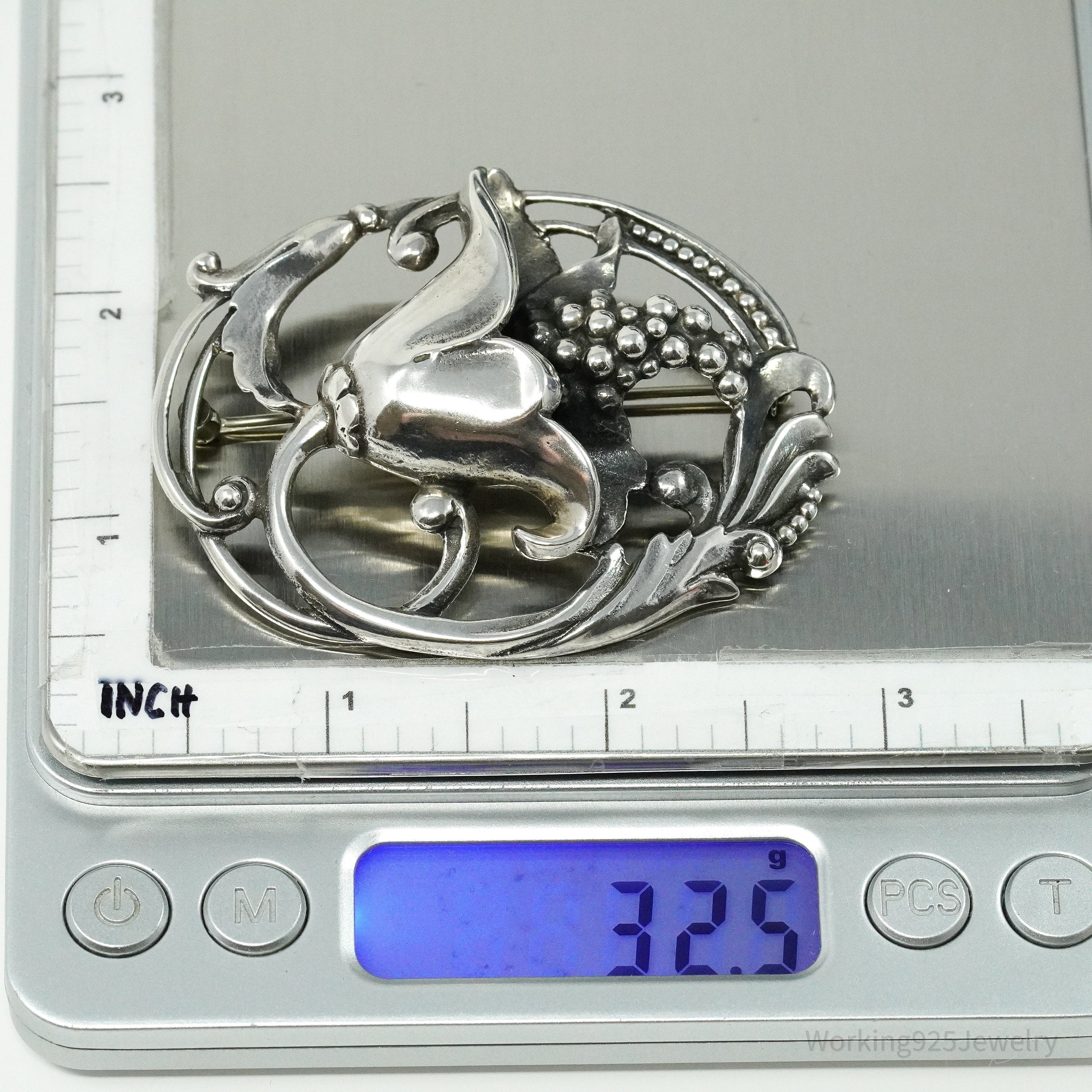 Antique Floral Sterling Silver Brooch Pin 2.5"