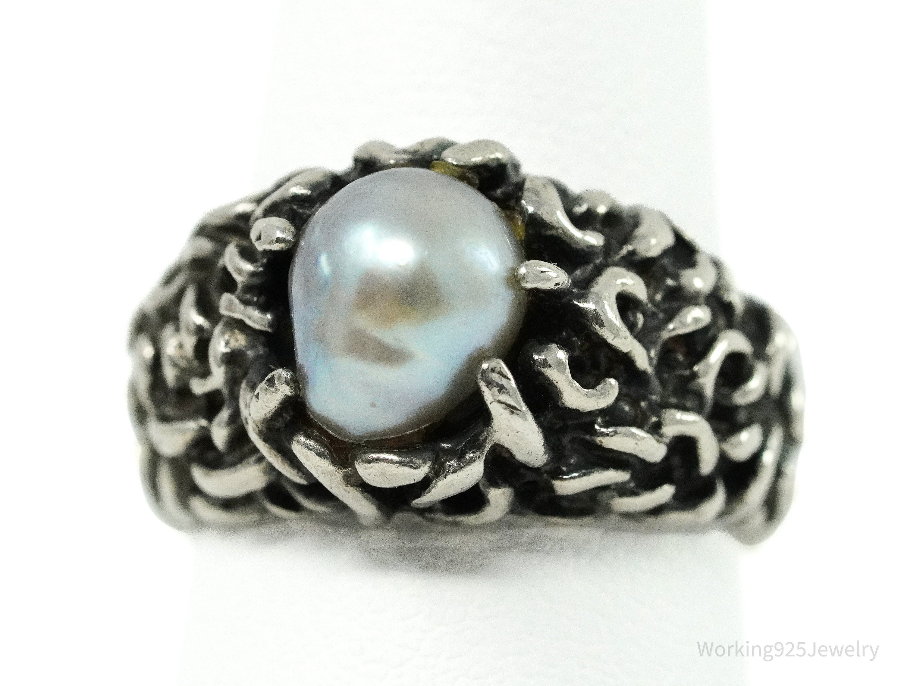 Vintage Pearl Brutalist Sterling Silver Ring - Size 6