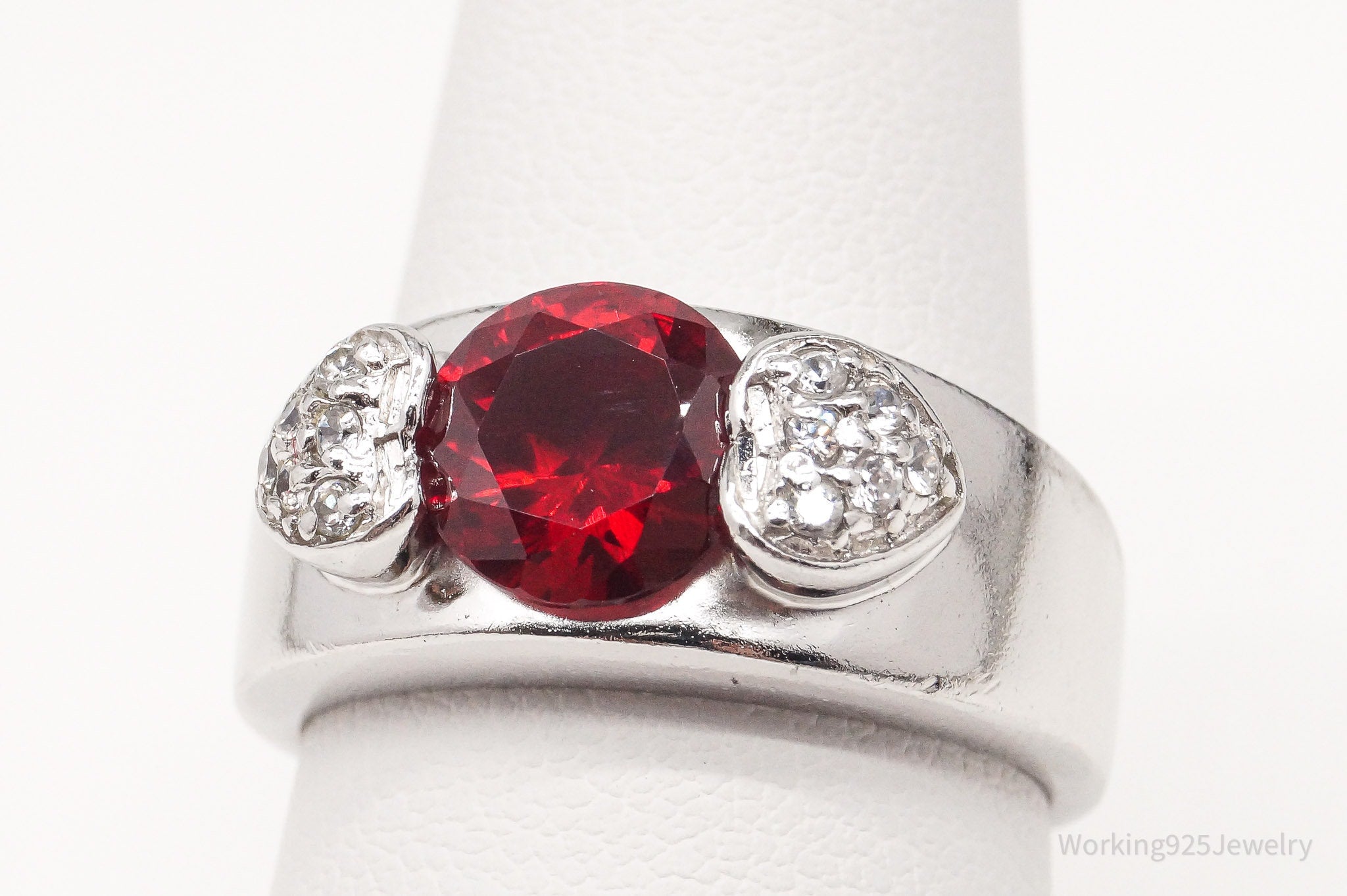 Vintage Lab Ruby Cubic Zirconia Sterling Silver Ring - Size 7.75