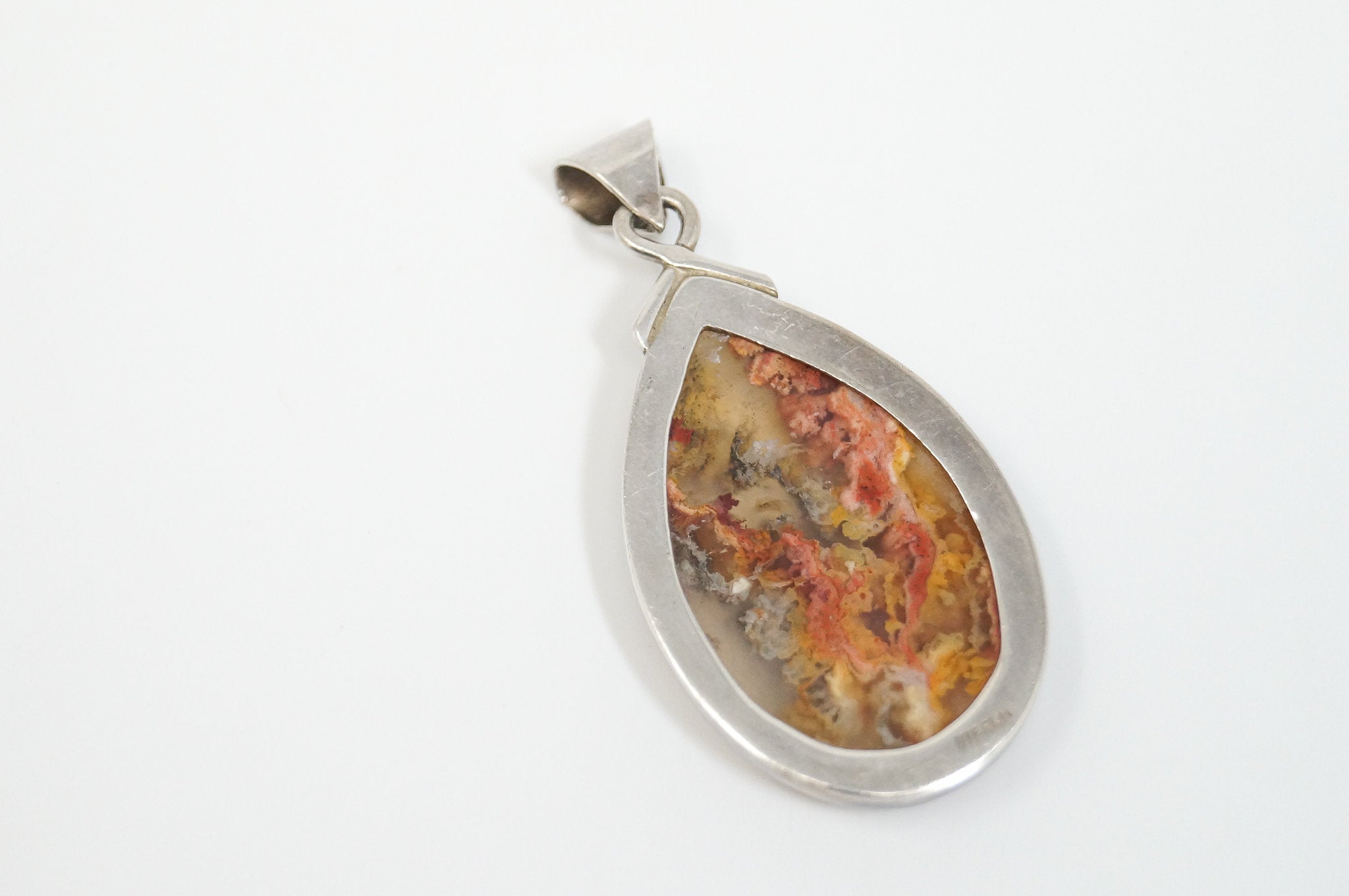 Vintage Plume Agate Sterling Silver Necklace Pendant