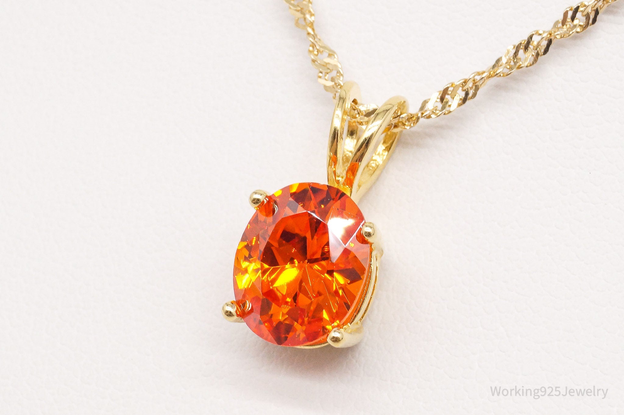 Vintage Fire Orange Cubic Zirconia Gold Vermeil Sterling Silver Necklace 18"