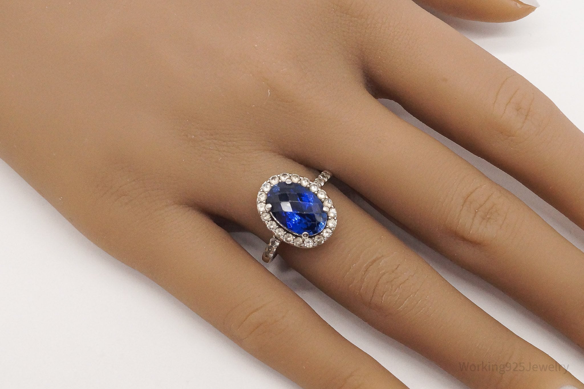 Vintage Blue & White Lab Sapphire Sterling Silver Ring - Size 7.5