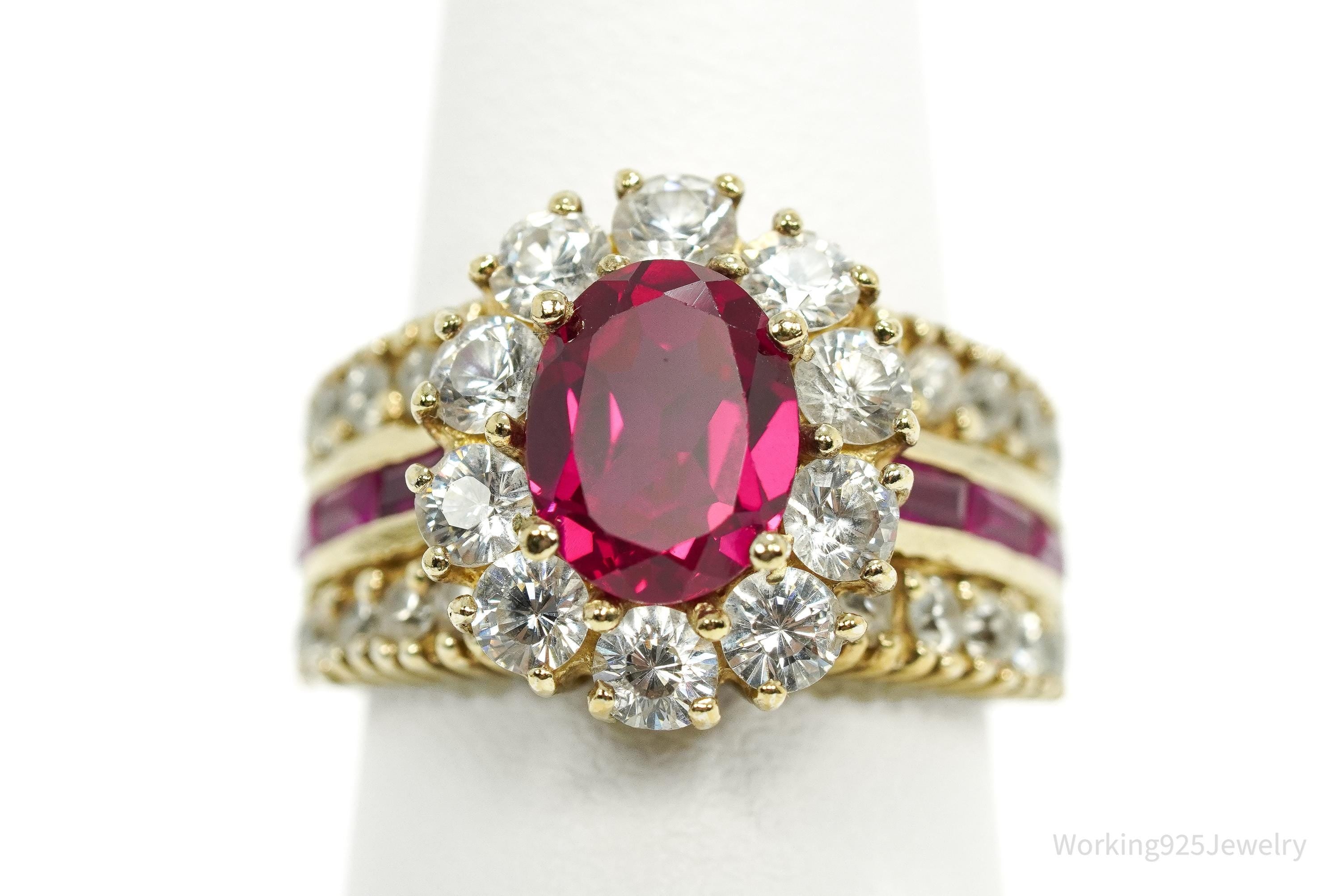 Vintage Ruby & Cubic Zirconia Gold Vermeil Sterling Silver Ring Size 6.25