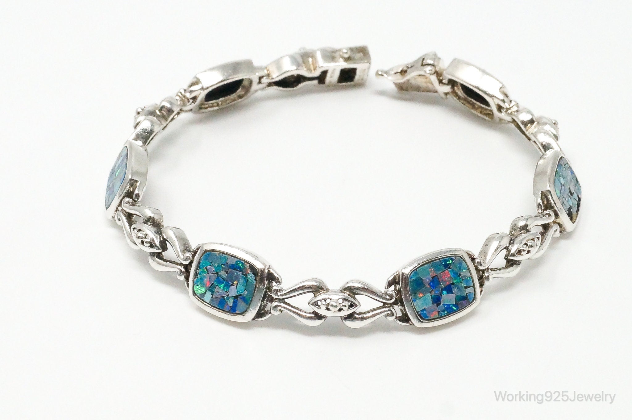 Vintage Mosaic Blue Fire Opal Inlay Sterling Silver Bracelet