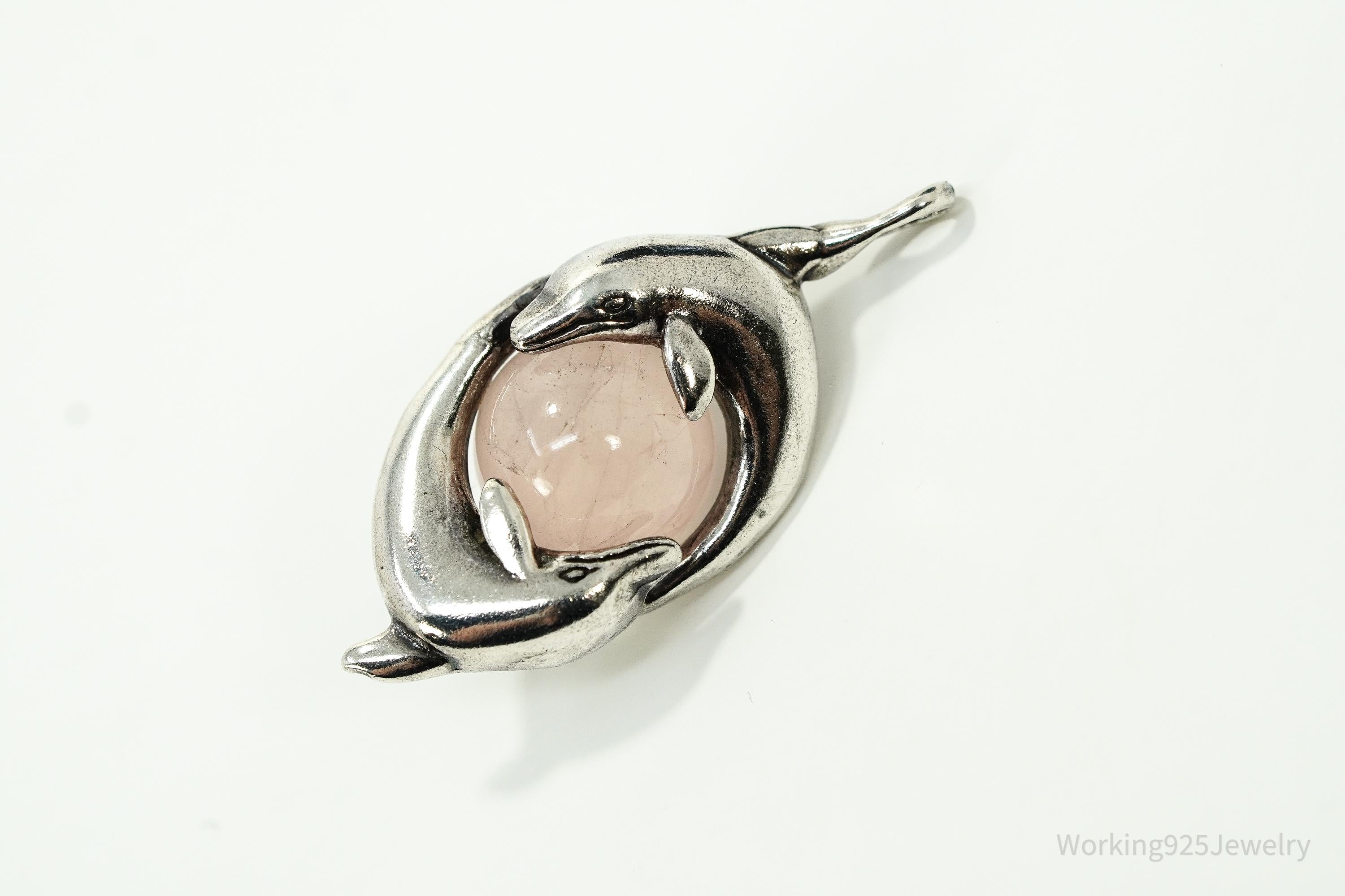 Vintage Rose Quartz & Dolphins Silver Necklace Pendant