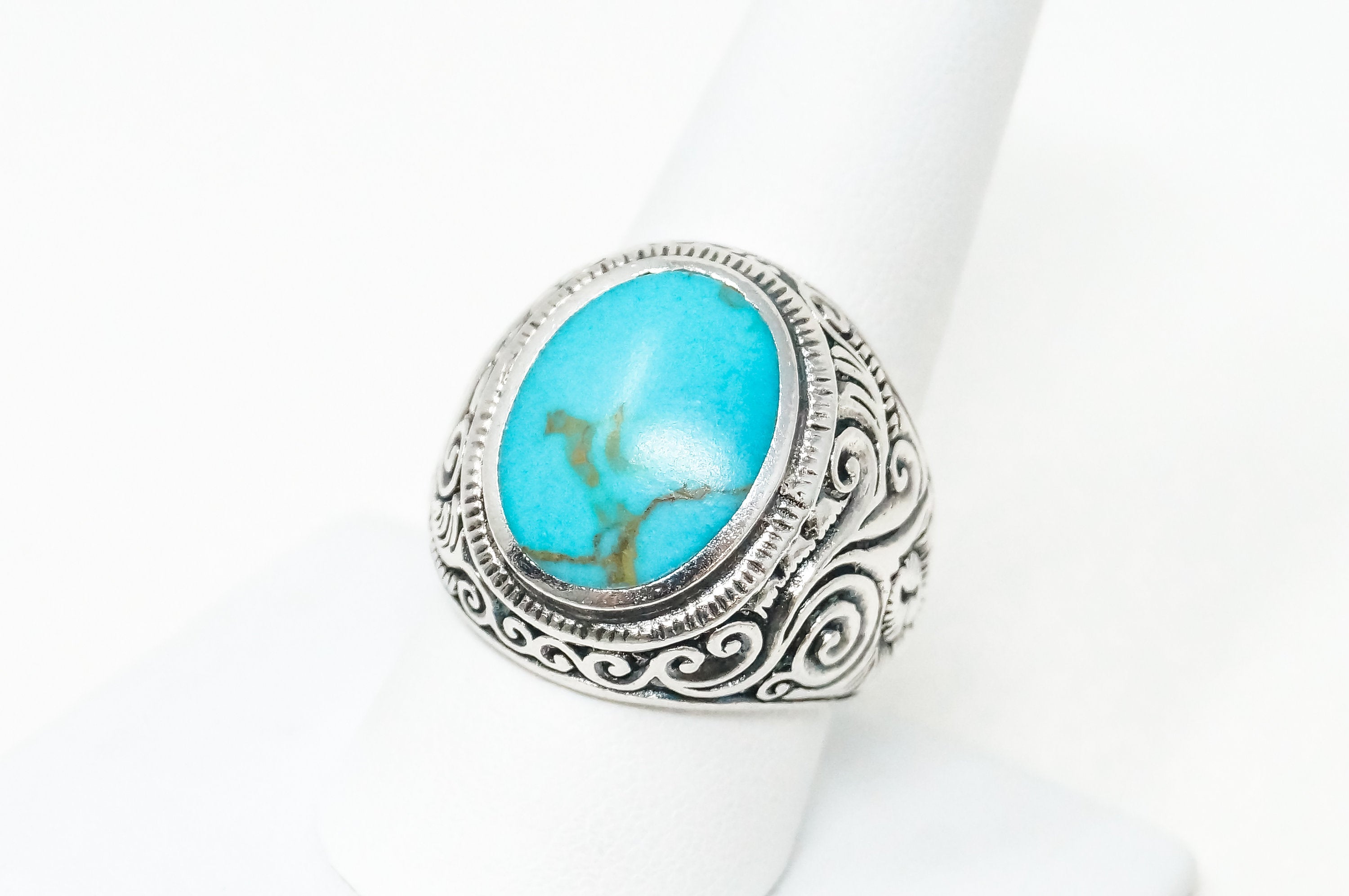 Vintage Large Turquoise Etched Scroll Design Sterling Silver Ring - Sz 10