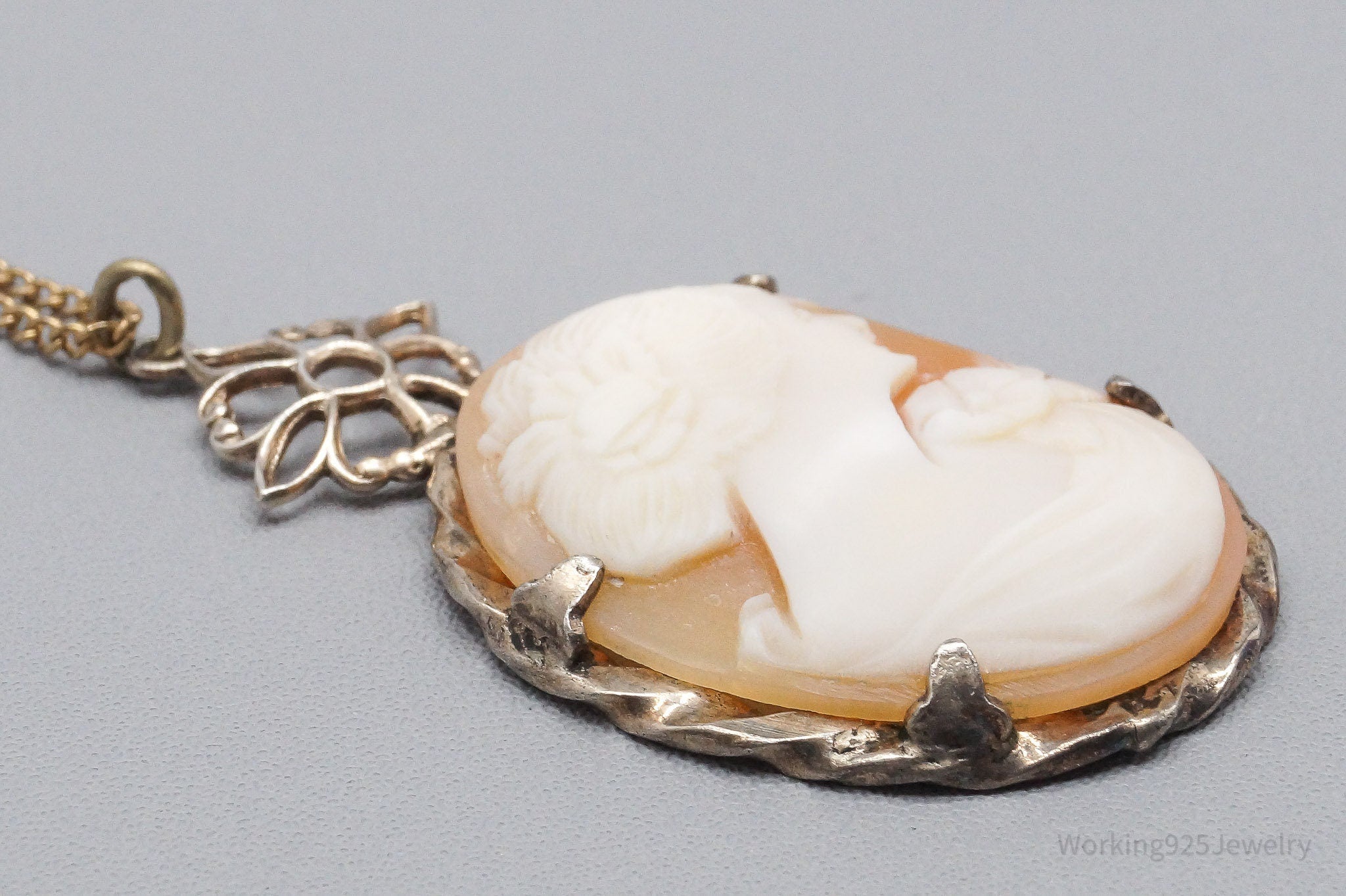 Antique Victorian Ostby Barton Shell Cameo Titanic 12K GF Sterling Silver Necklace 16"