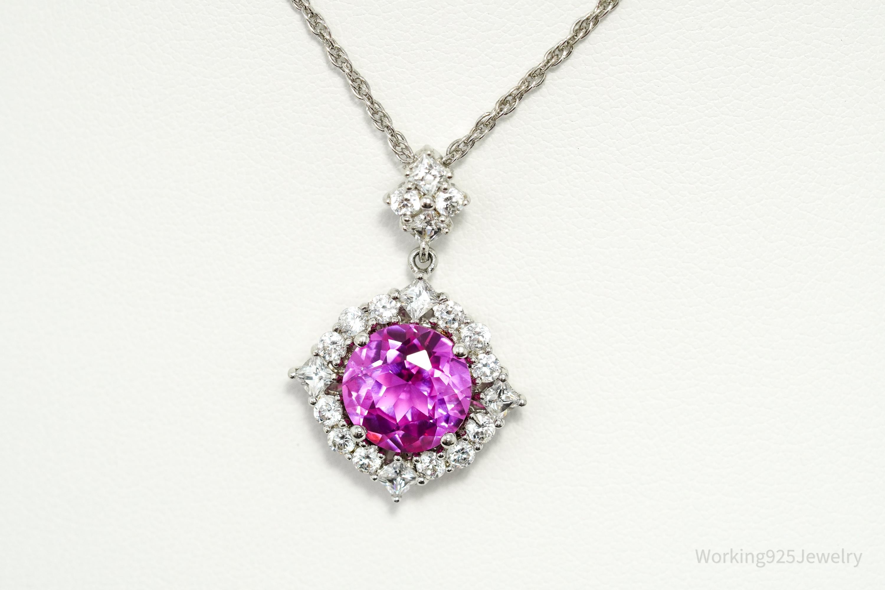 Vintage Synthetic Pink Sapphire & Cubic Zirconia Sterling Silver Necklace 18"
