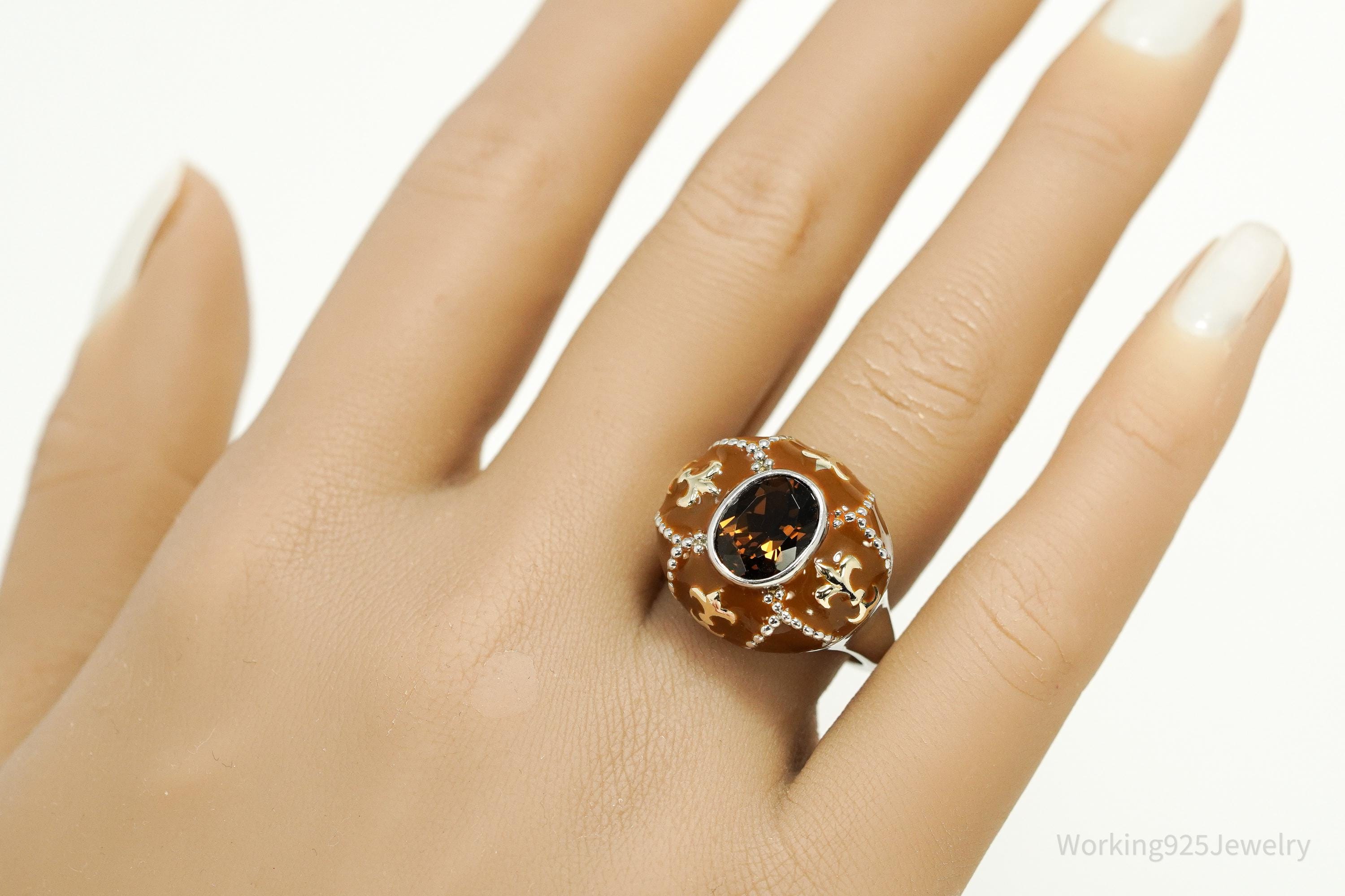 Vintage Y2K Smoky Topaz Enamel Dome Gold Vermeil Sterling Silver Ring Size 8