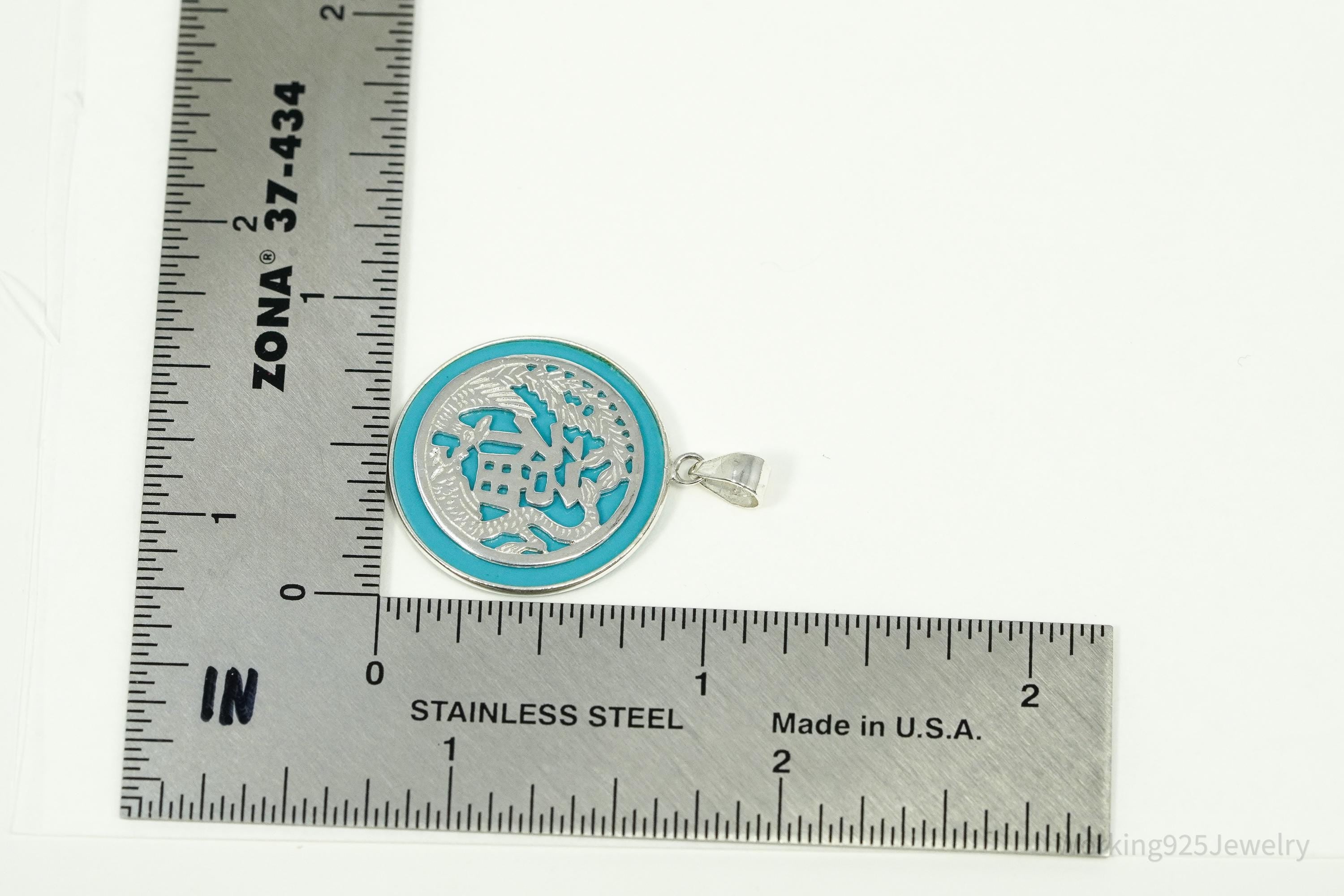 Vintage Chinese Fortune Good Luck Turquoise Sterling Silver Necklace Pendant 1 1/8"