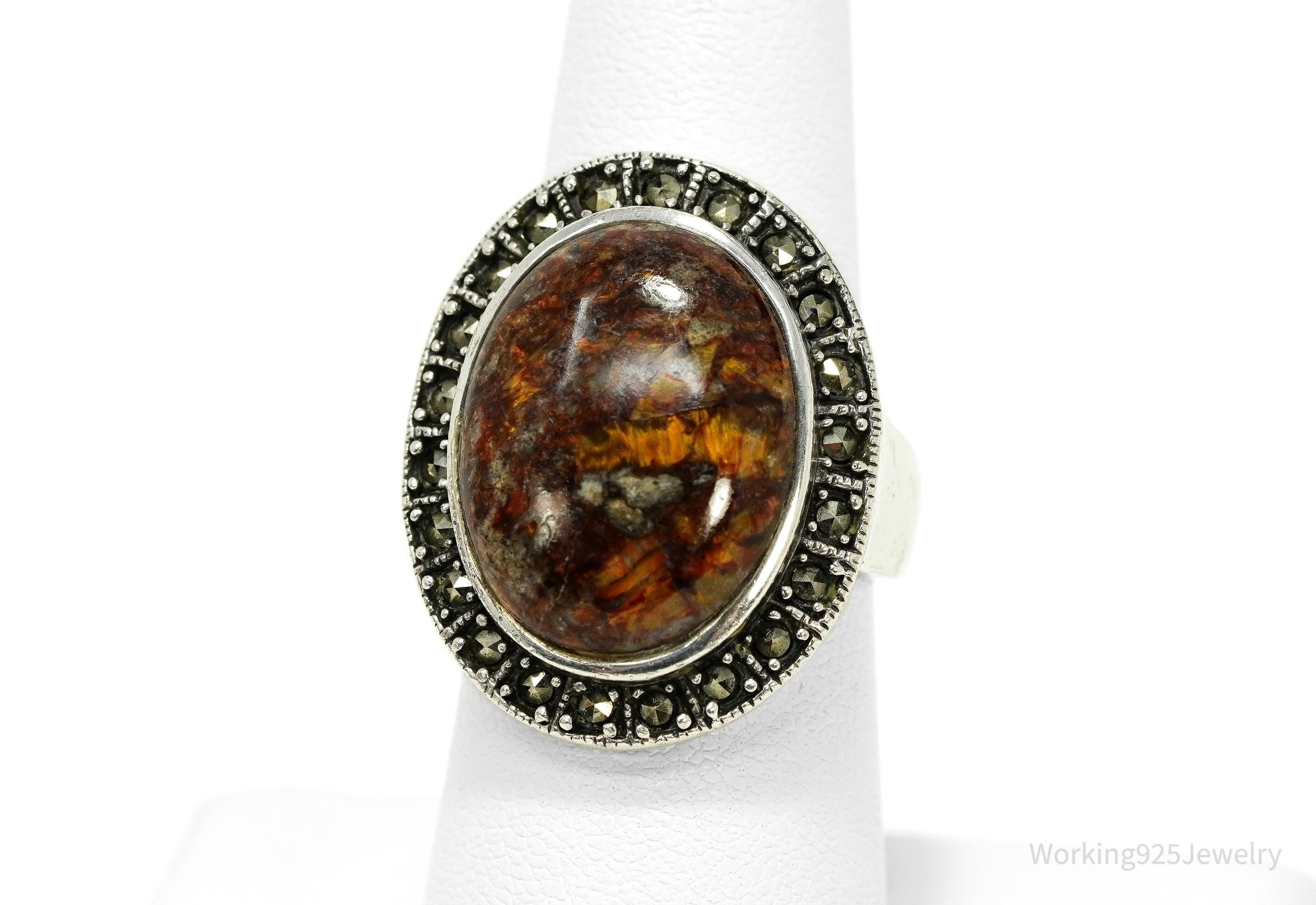 Vintage NK Brown Pietersite & Marcasite Sterling Silver Ring - Size 7