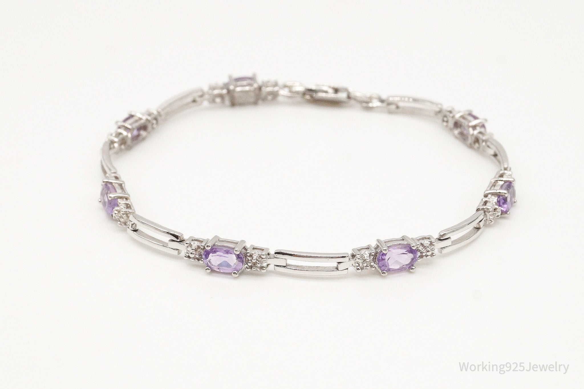 Vintage Two Diamonds Amethyst Sterling Silver Bracelet