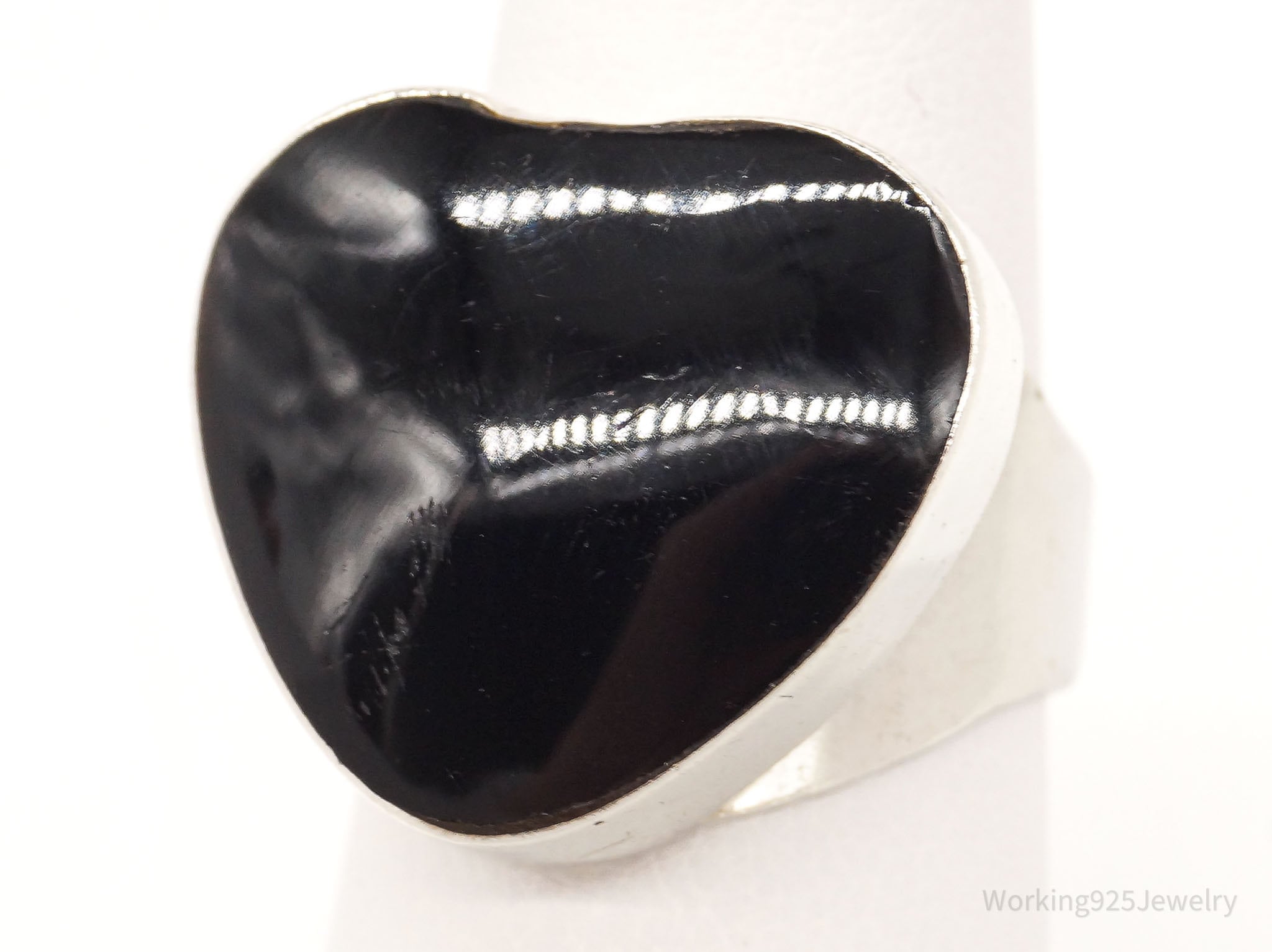 Vintage Mexico Large Black Onyx Heart Sterling Silver Ring - Size 7.5