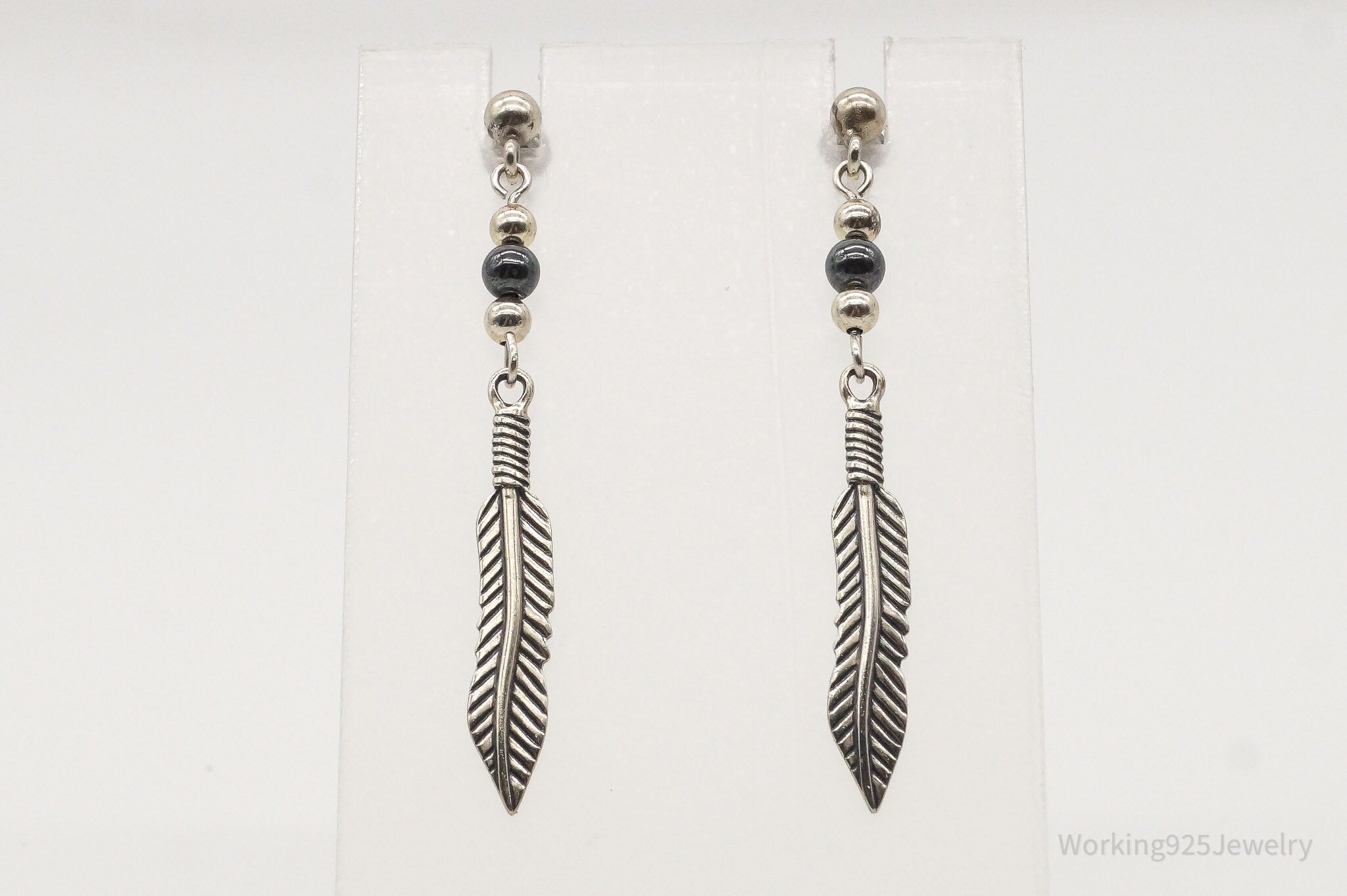 Vintage WM Co Hematite Feather Sterling Silver Earrings