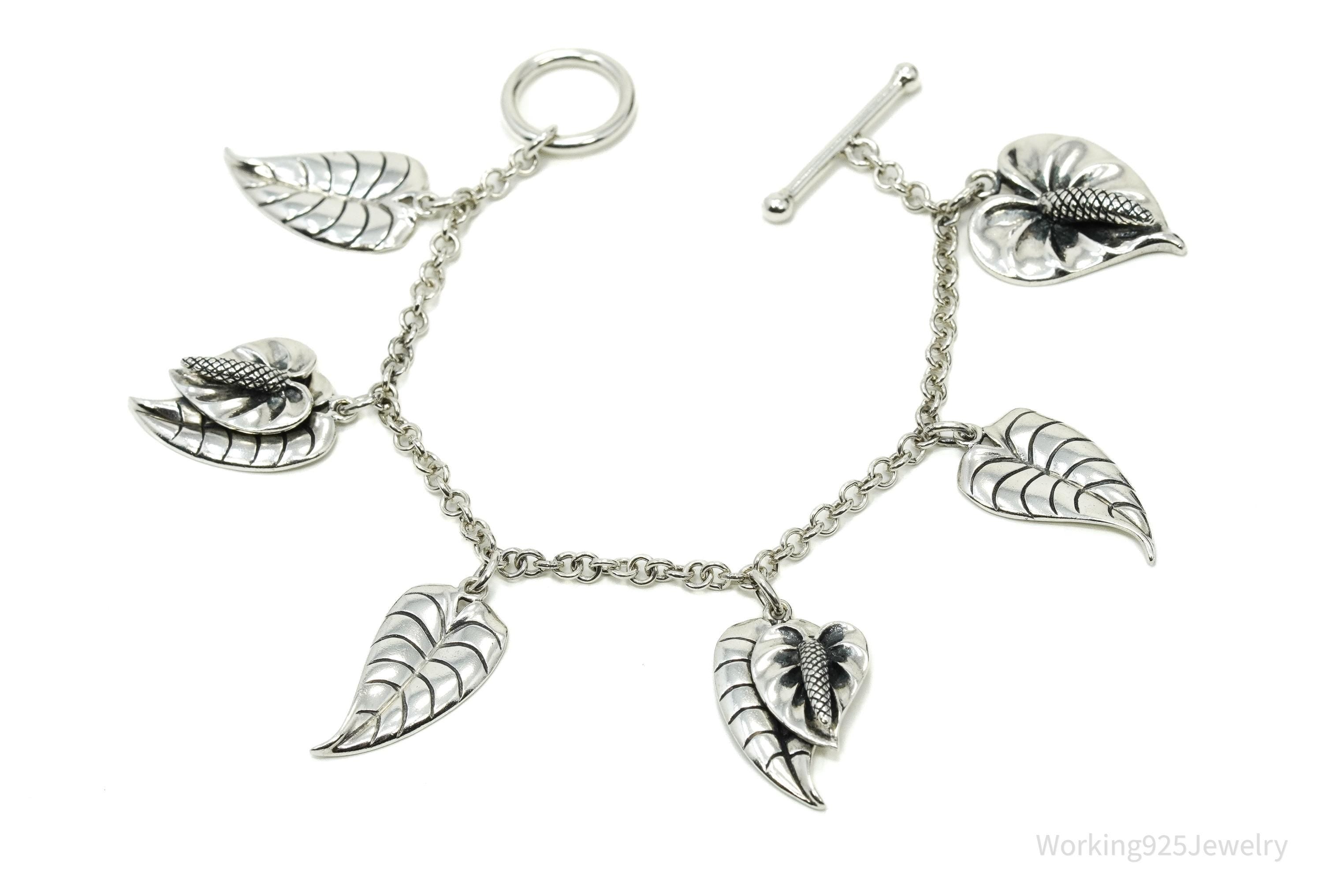 Vintage Leaves Charms Sterling Silver Toggle Bracelet 6 3/8"