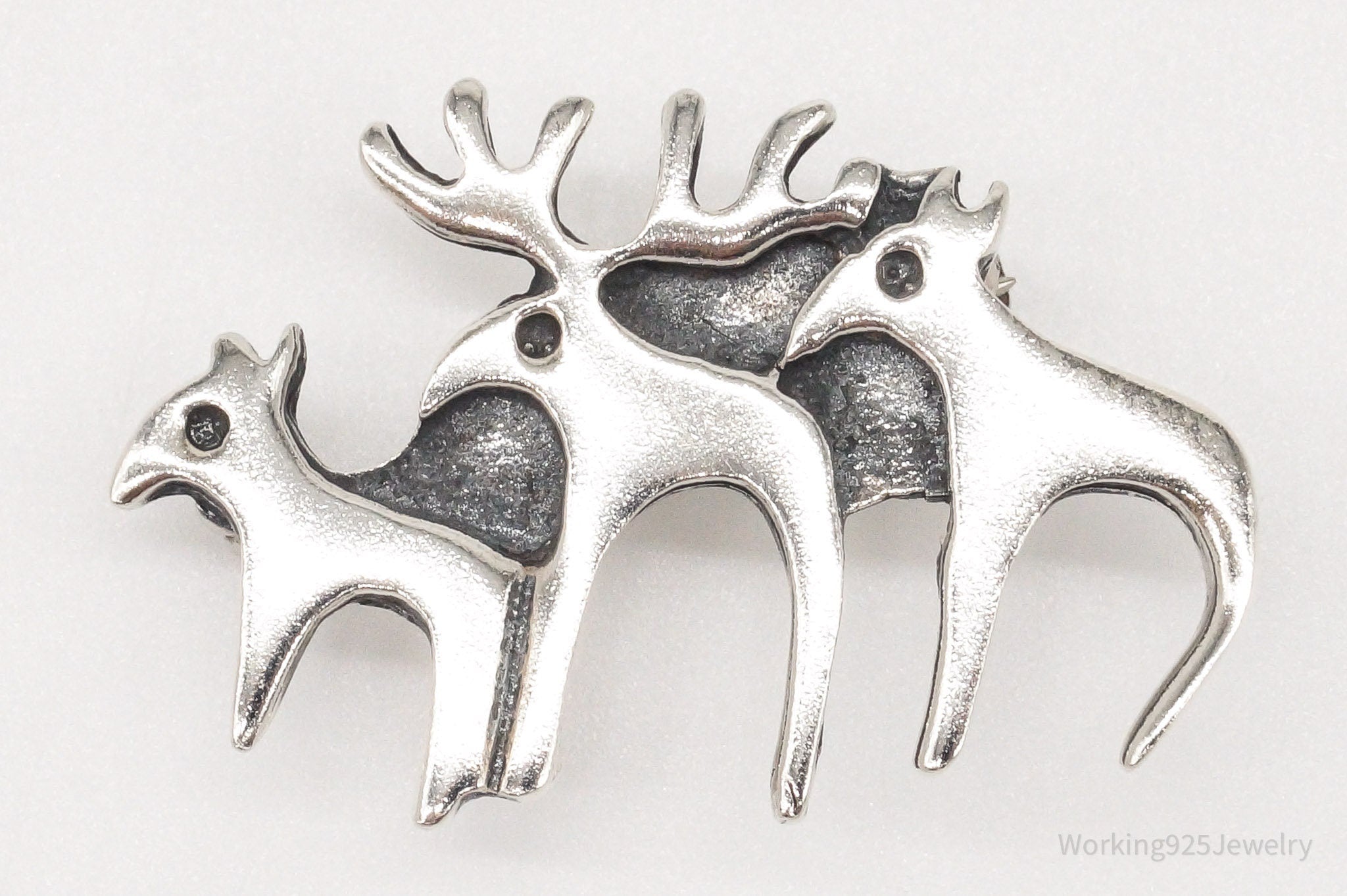 Vintage Moose Family Sterling Silver Brooch Pin