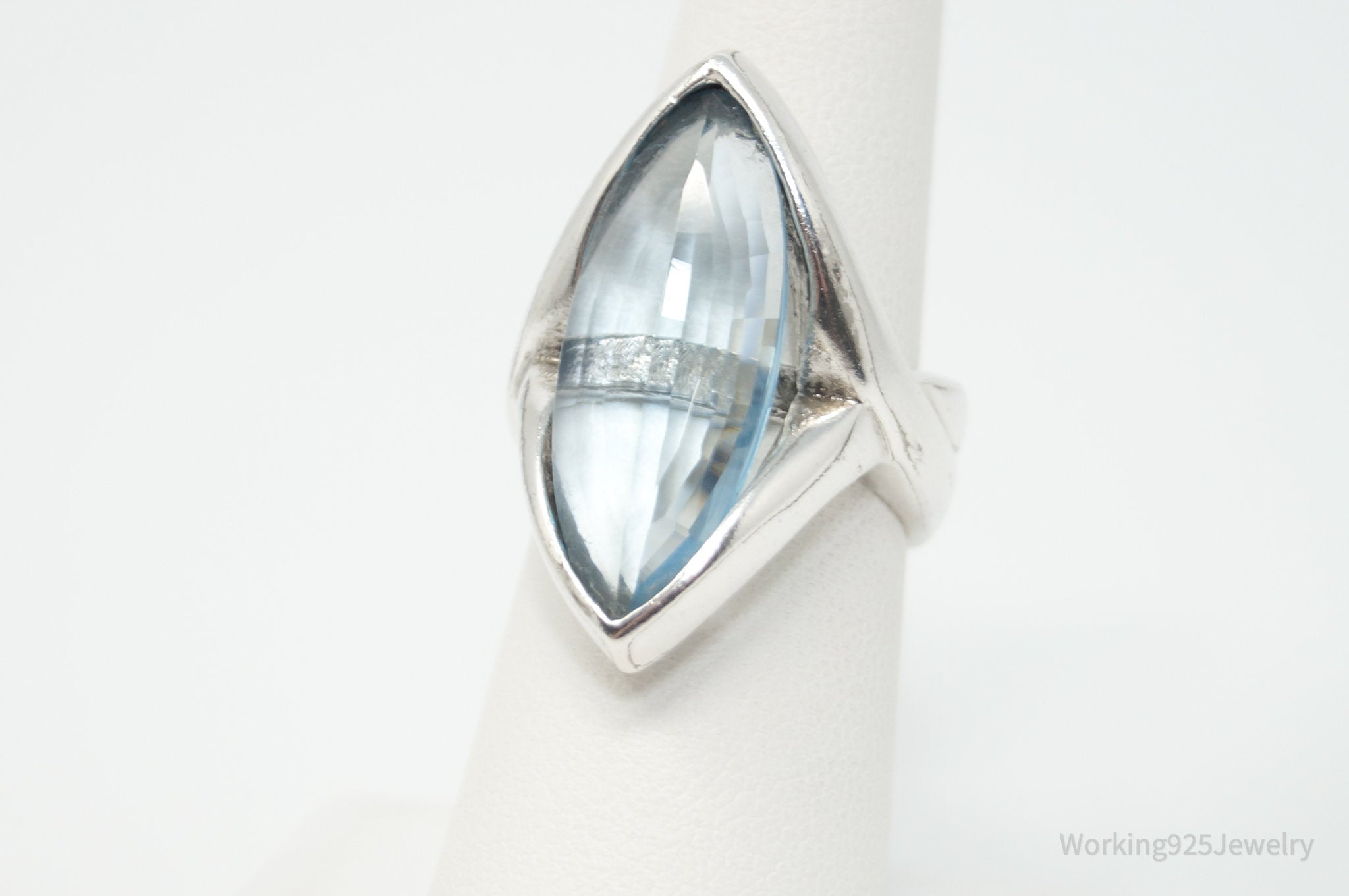 Vintage Modernist Large Blue Topaz Sterling Silver Statement Ring - Size 6